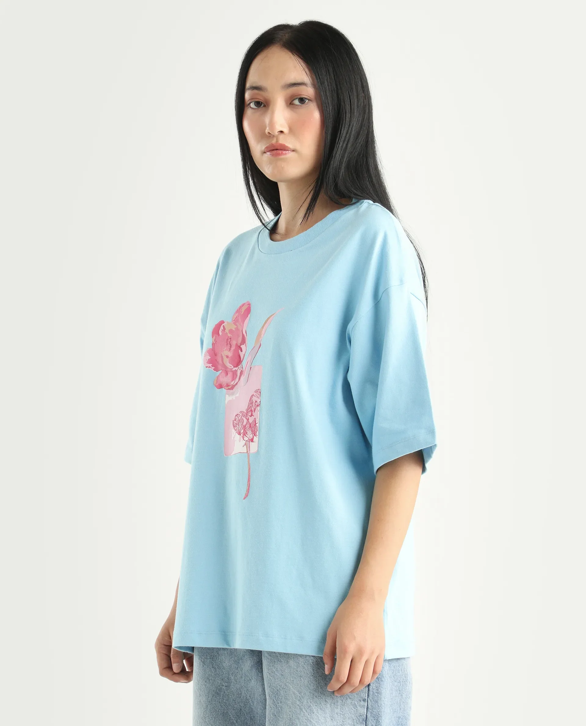 Rareism Women's Enof Blue Cotton Graphic Print Oversized T-Shirt - Image 5