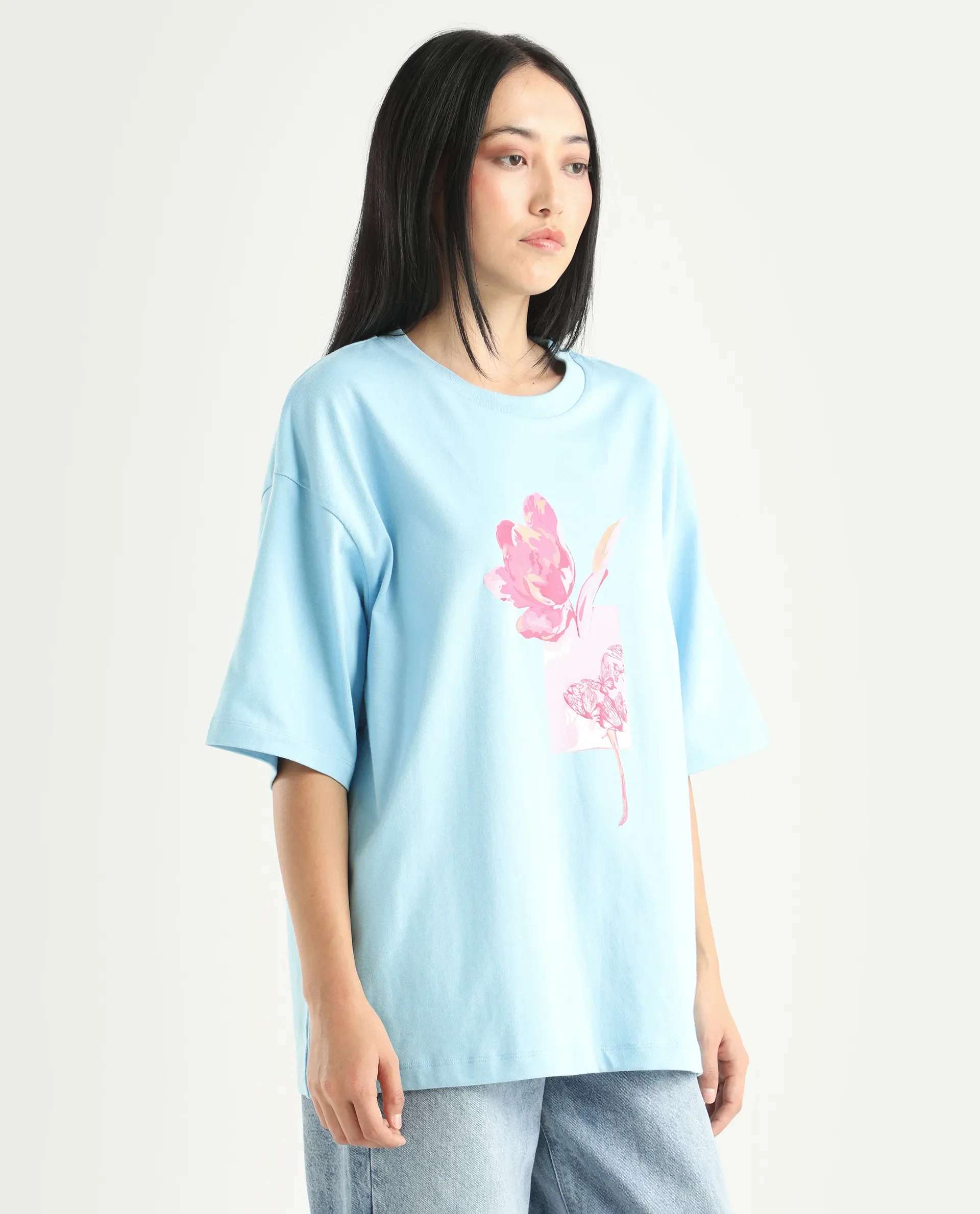 Rareism Women's Enof Blue Cotton Graphic Print Oversized T-Shirt - Image 6