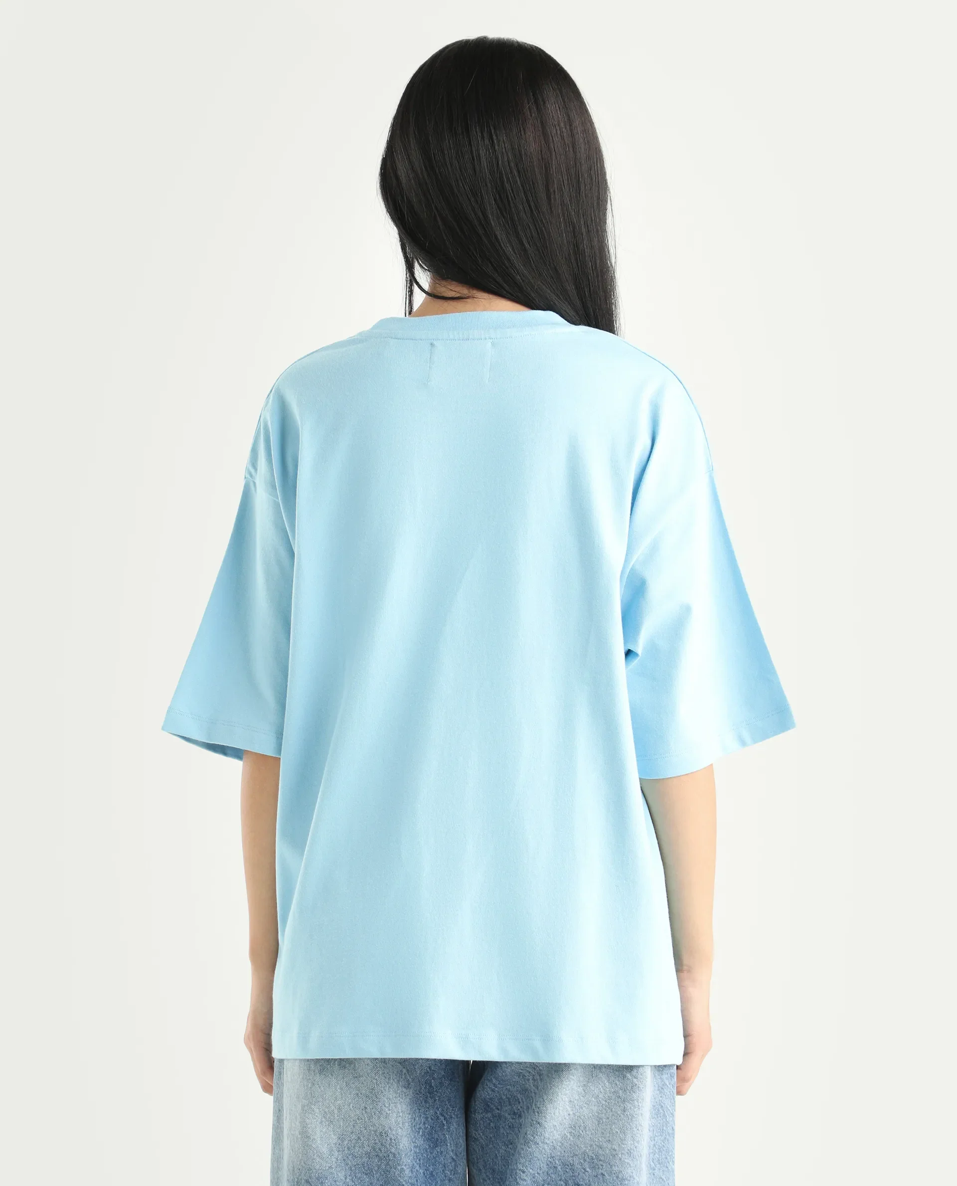 Rareism Women's Enof Blue Cotton Graphic Print Oversized T-Shirt - Image 7