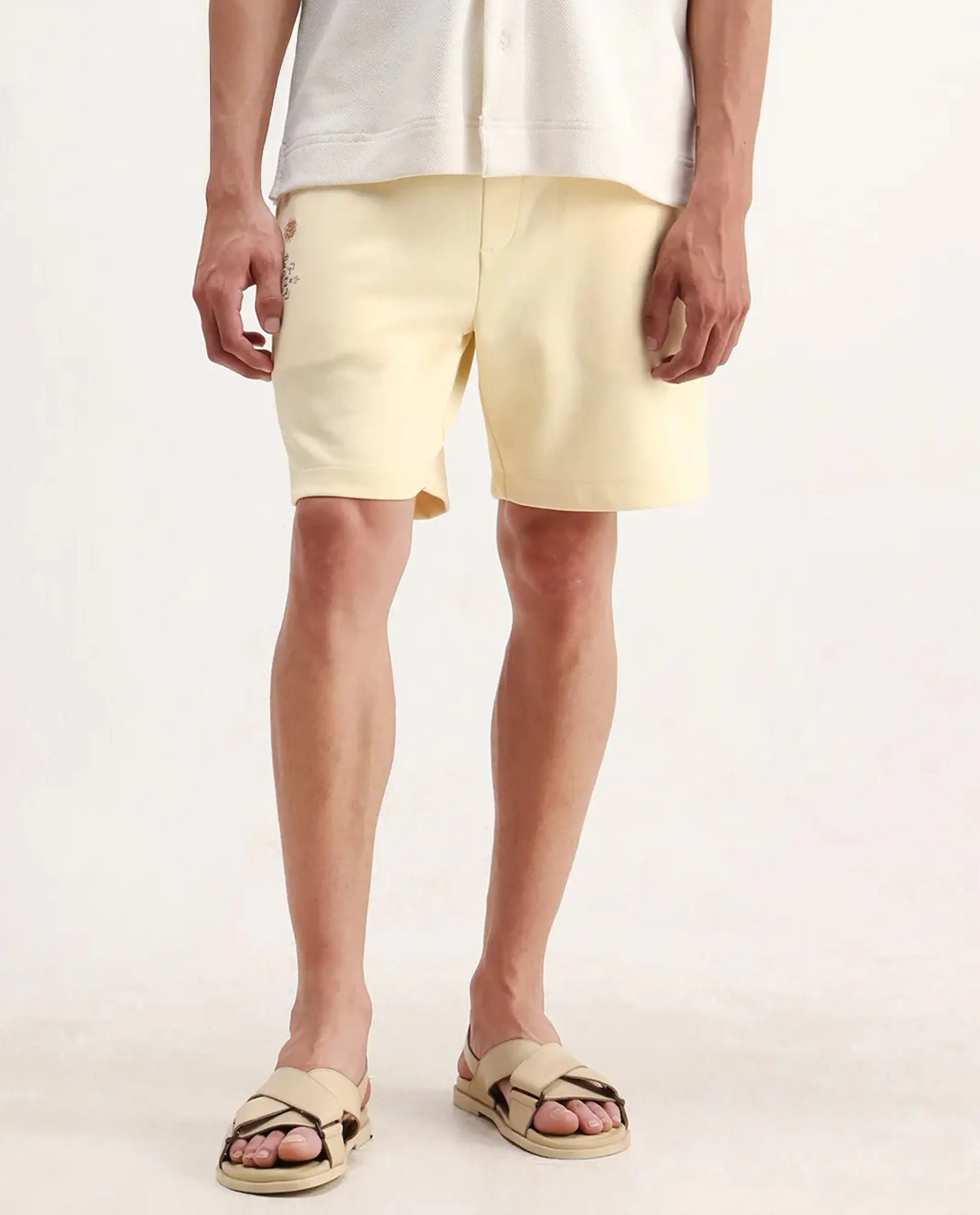 Rare Rabbit Men's Enox Pastel Yellow Cotton Blend Embroidered Regular Fit Shorts - Image 10