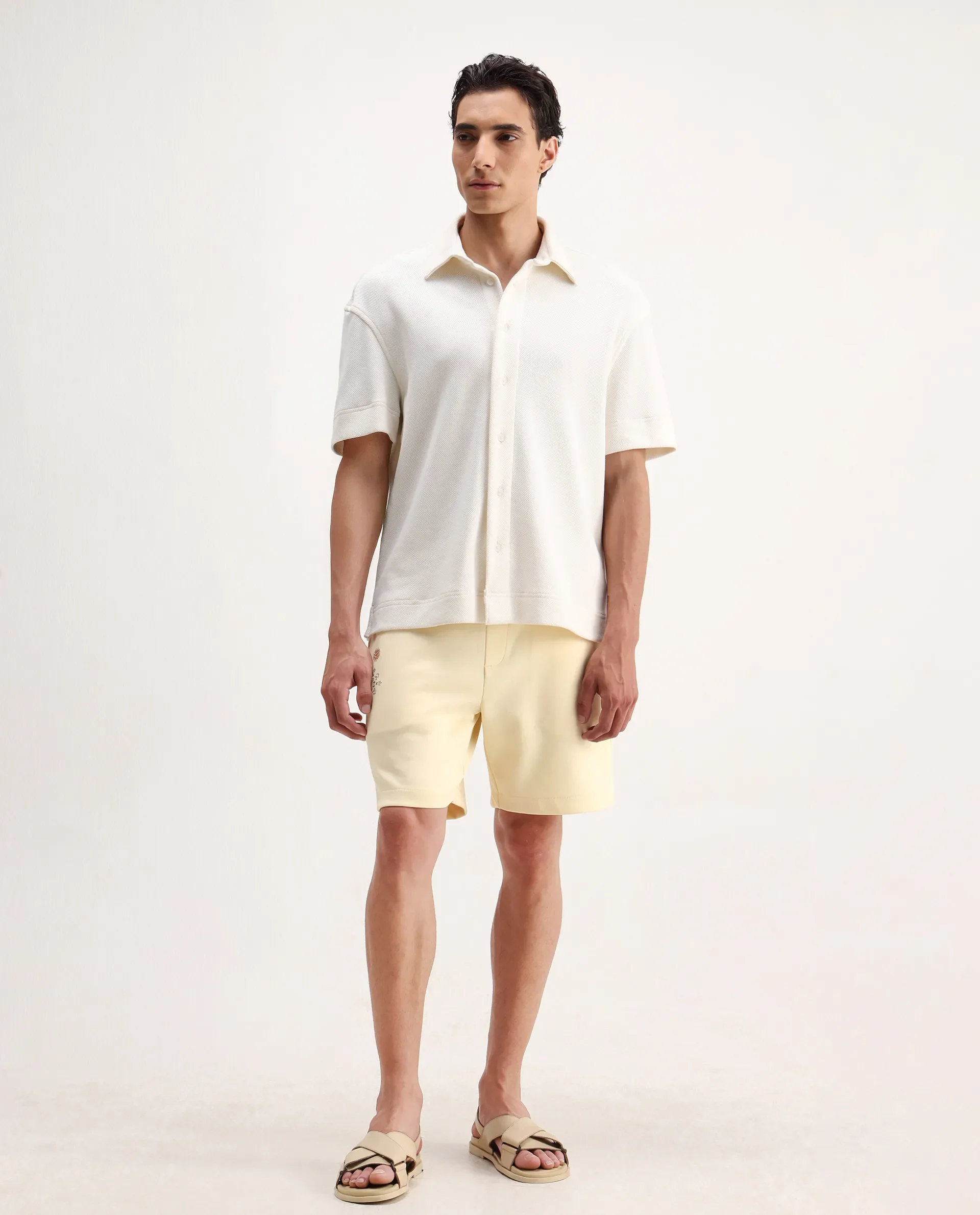 Rare Rabbit Men's Enox Pastel Yellow Cotton Blend Embroidered Regular Fit Shorts - Image 4