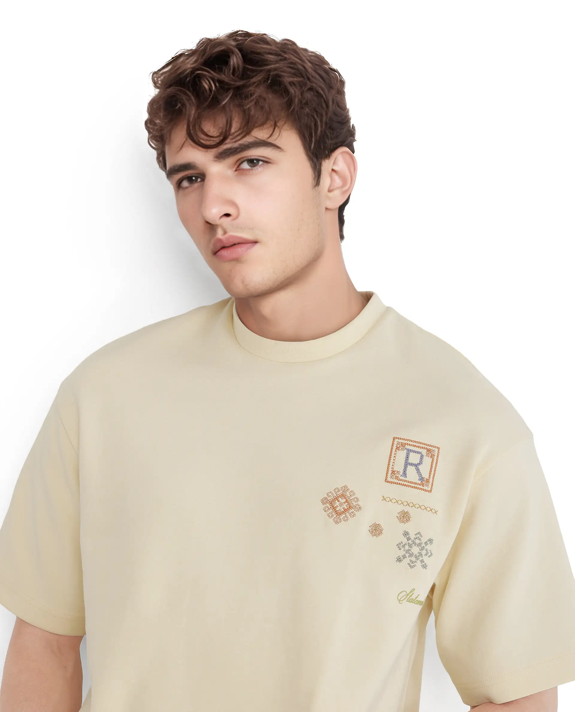 Rare Rabbit Men's Enoxo Pastel Yellow Cotton Blend Embroidered Oversized Fit Half Sleeve Crew Neck T-Shirt