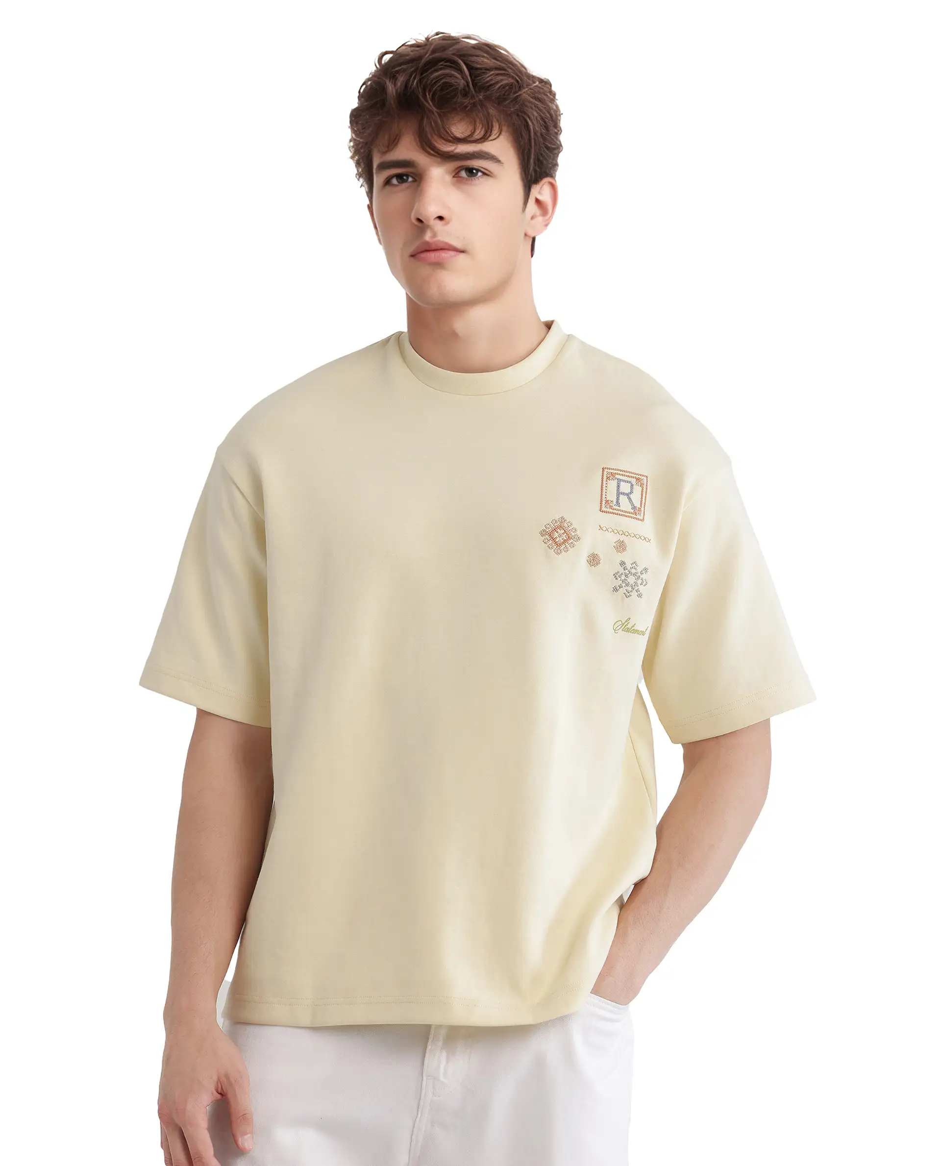 Rare Rabbit Men's Enoxo Pastel Yellow Cotton Blend Embroidered Oversized Fit Half Sleeve Crew Neck T-Shirt - Image 2