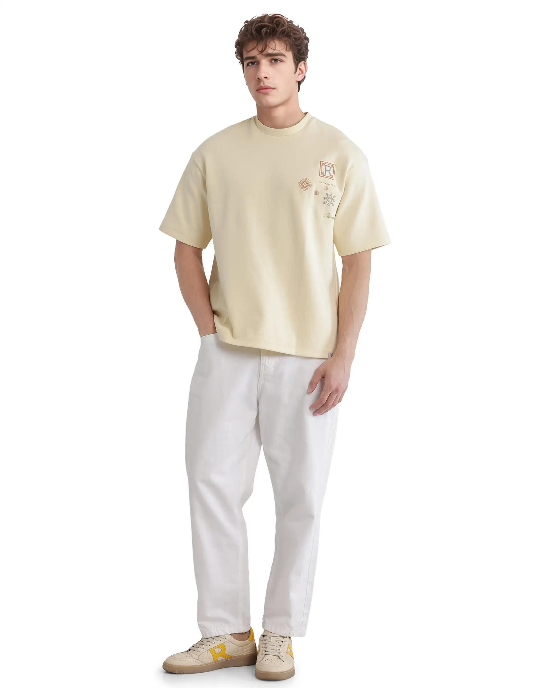 Rare Rabbit Men's Enoxo Pastel Yellow Cotton Blend Embroidered Oversized Fit Half Sleeve Crew Neck T-Shirt - Image 3
