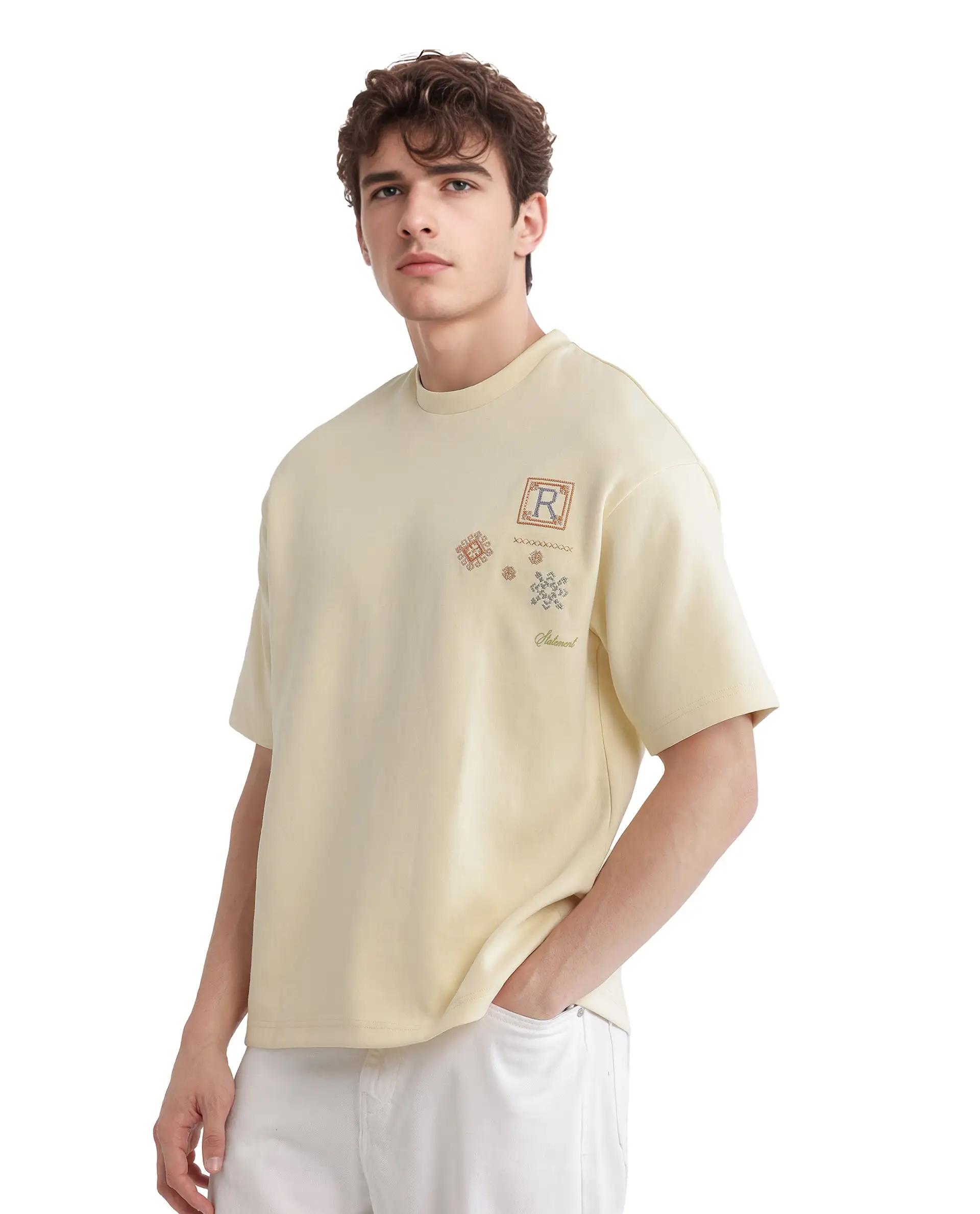 Rare Rabbit Men's Enoxo Pastel Yellow Cotton Blend Embroidered Oversized Fit Half Sleeve Crew Neck T-Shirt - Image 5