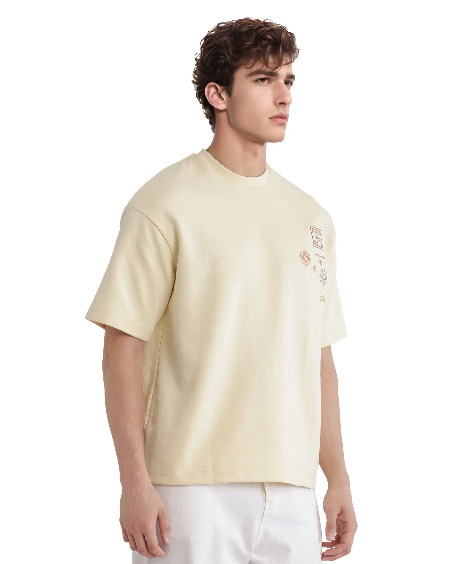 Rare Rabbit Men's Enoxo Pastel Yellow Cotton Blend Embroidered Oversized Fit Half Sleeve Crew Neck T-Shirt - Image 6