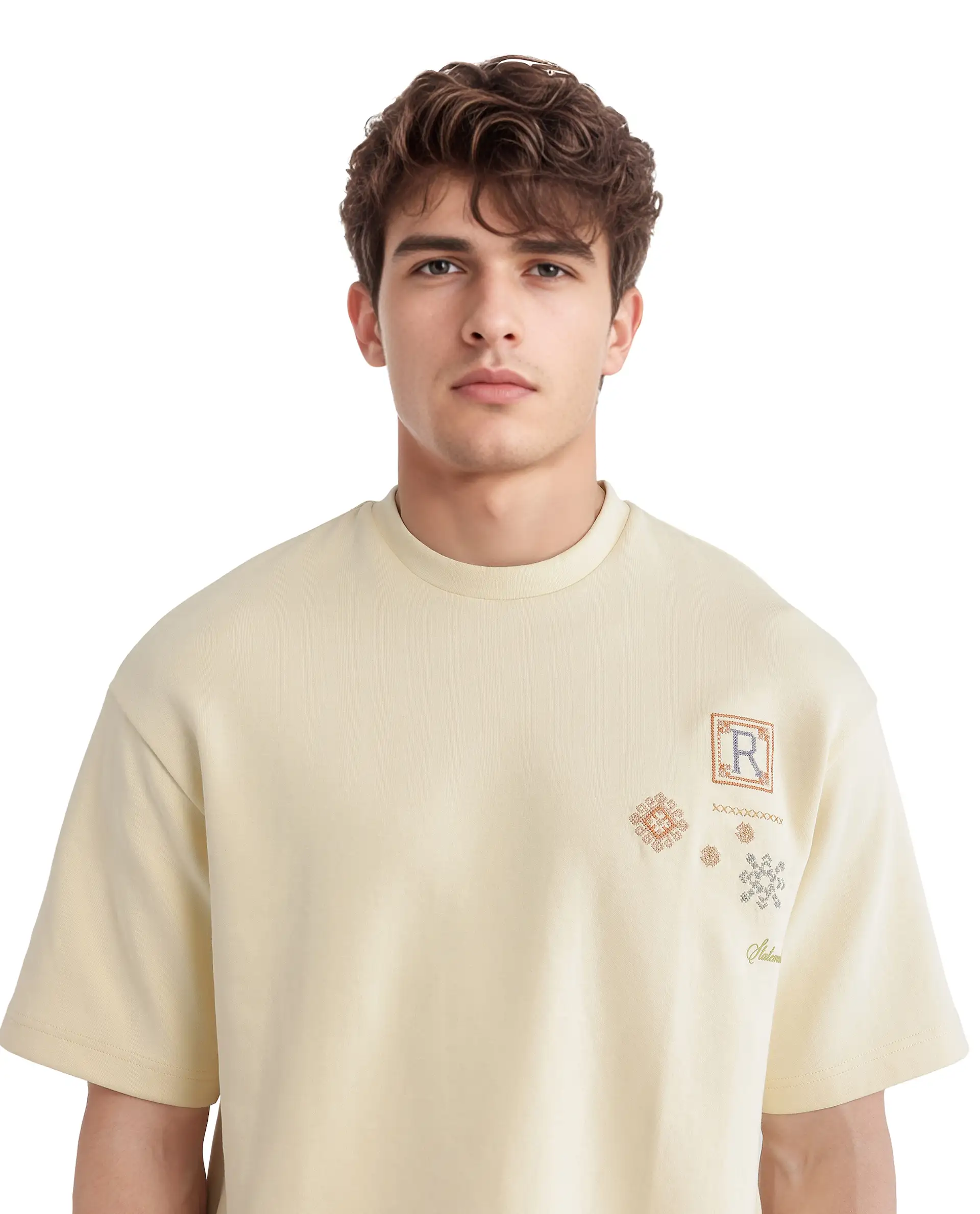 Rare Rabbit Men's Enoxo Pastel Yellow Cotton Blend Embroidered Oversized Fit Half Sleeve Crew Neck T-Shirt - Image 7