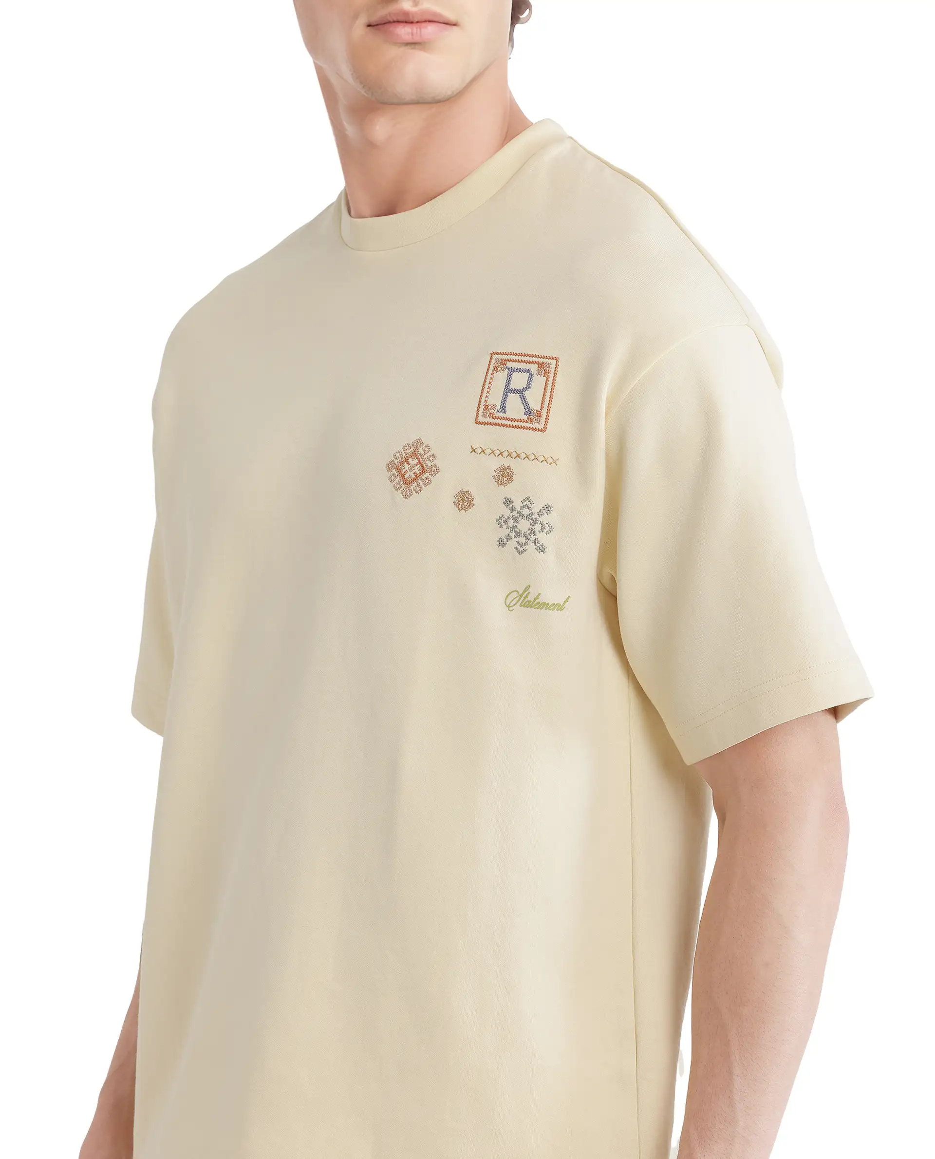 Rare Rabbit Men's Enoxo Pastel Yellow Cotton Blend Embroidered Oversized Fit Half Sleeve Crew Neck T-Shirt - Image 8