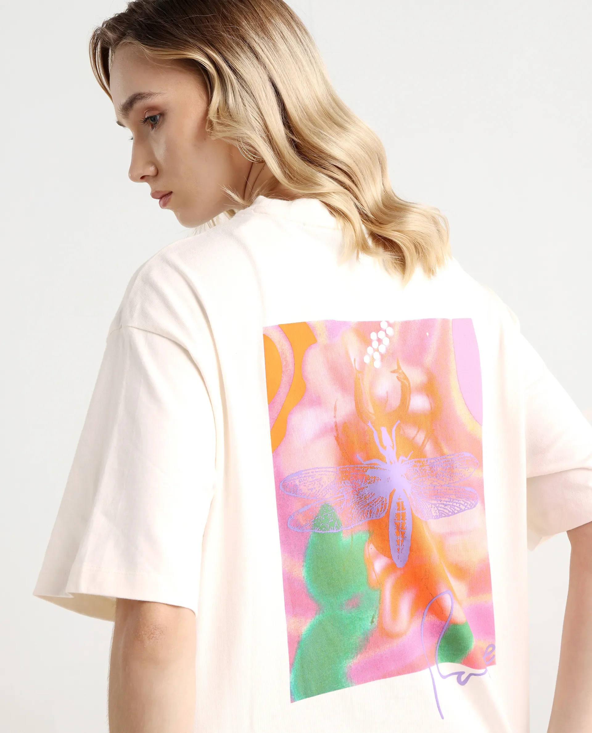 Rareism Women's Enrique Off White Cotton Blend Crew Neck Graphic Print Relaxed Fit T-Shirt
