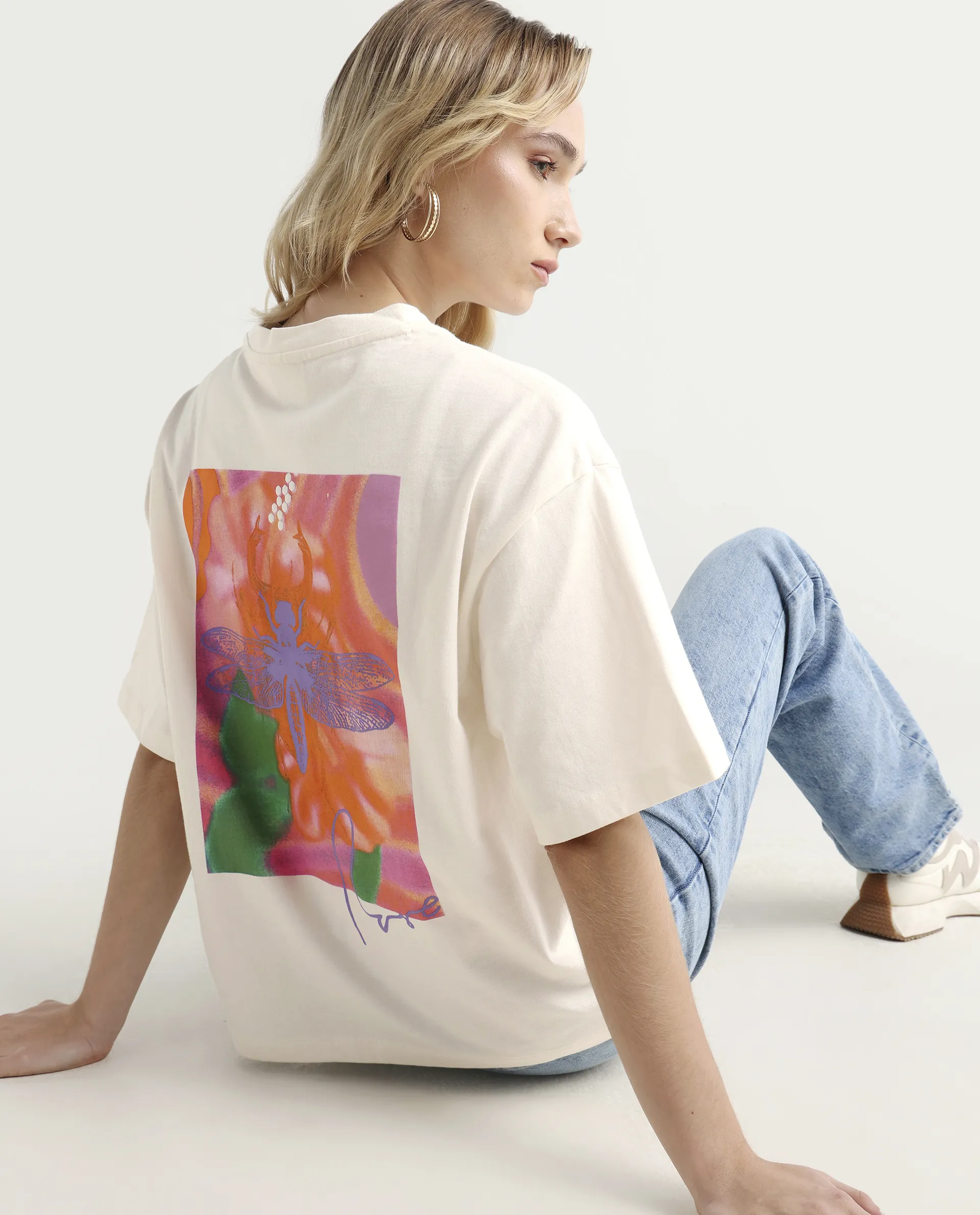 Rareism Women's Enrique Off White Cotton Blend Crew Neck Graphic Print Relaxed Fit T-Shirt - Image 7