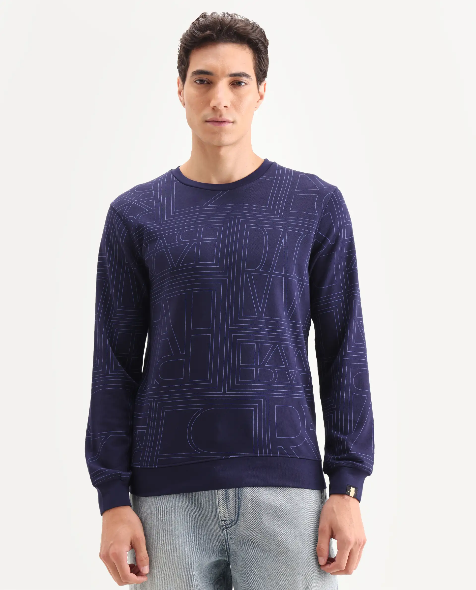Rare Rabbit Men's Ensign Navy Cotton Graphic Print Regular Fit Full Sleeve Crew Neck Sweatshirt - Image 3