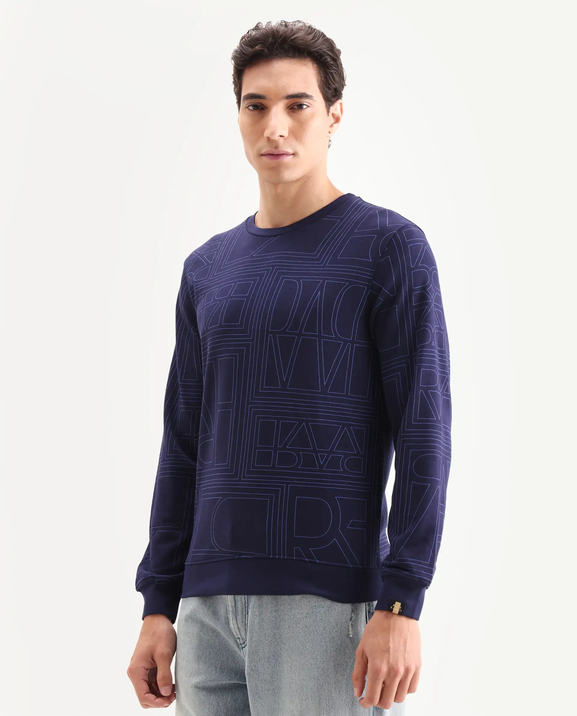 Rare Rabbit Men's Ensign Navy Cotton Graphic Print Regular Fit Full Sleeve Crew Neck Sweatshirt - Image 5