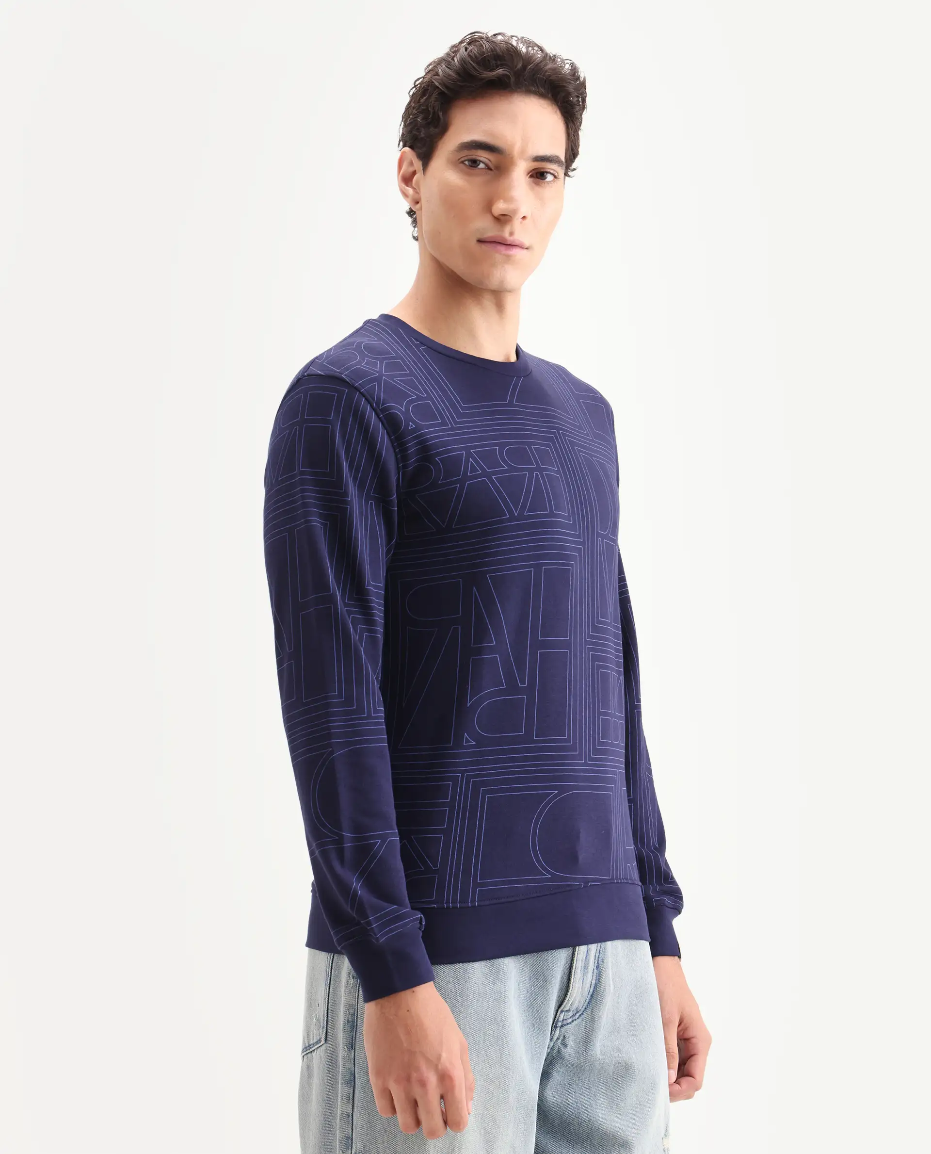 Rare Rabbit Men's Ensign Navy Cotton Graphic Print Regular Fit Full Sleeve Crew Neck Sweatshirt - Image 6