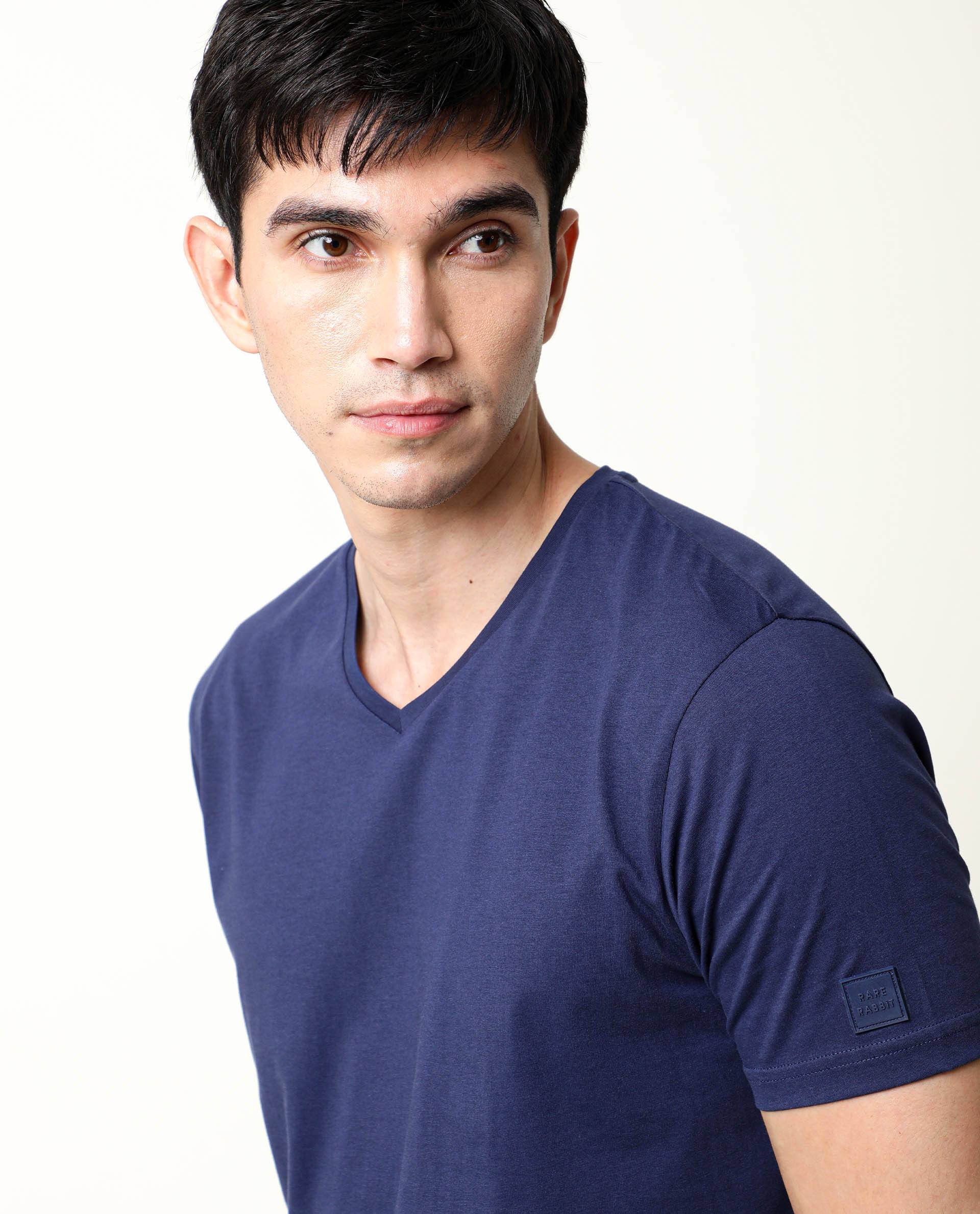 Rare Rabbit Men's Entre-2 Navy Cotton Plain Slim Fit Half Sleeve V-Neck T-Shirt