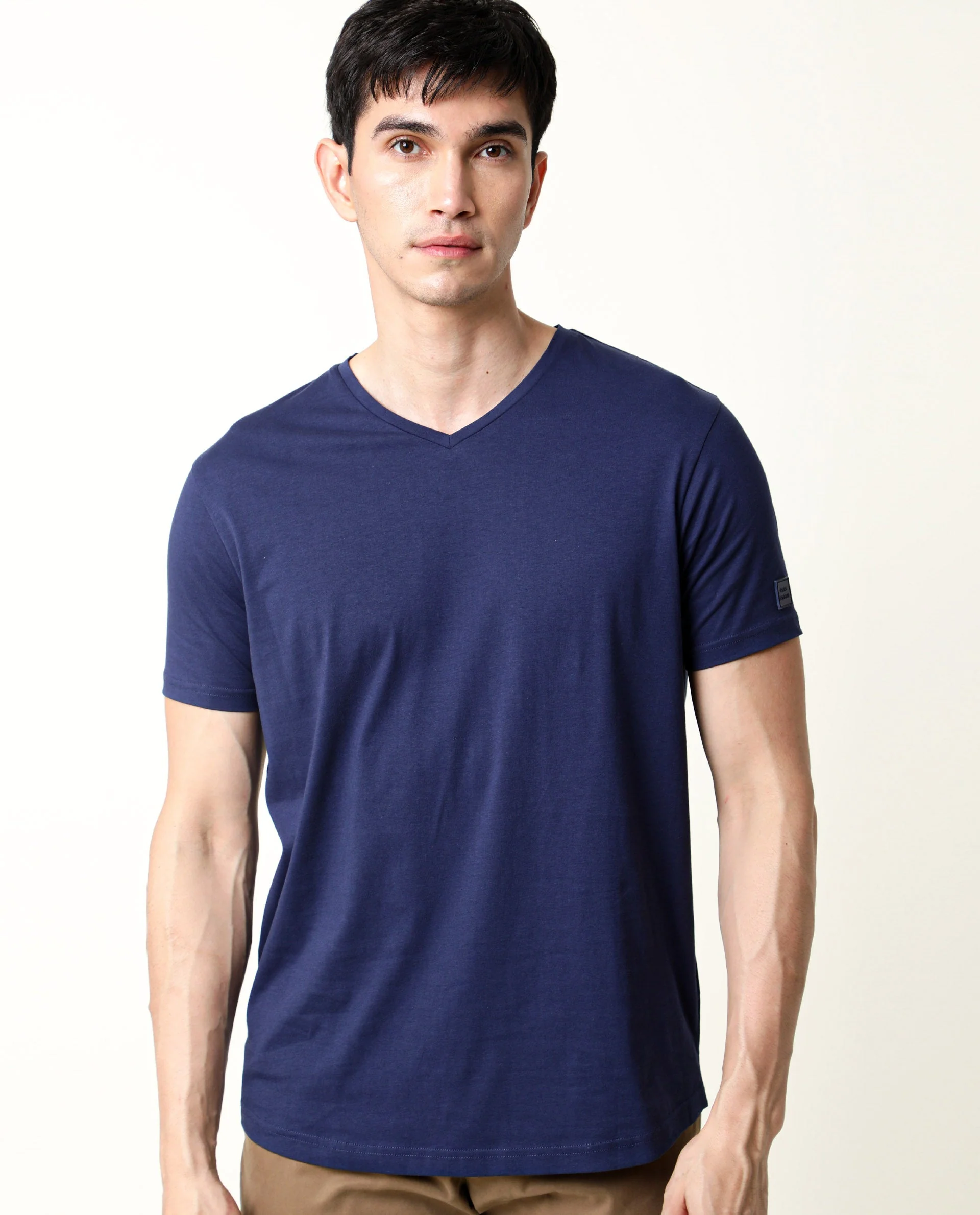 Rare Rabbit Men's Entre-2 Navy Cotton Plain Slim Fit Half Sleeve V-Neck T-Shirt - Image 2