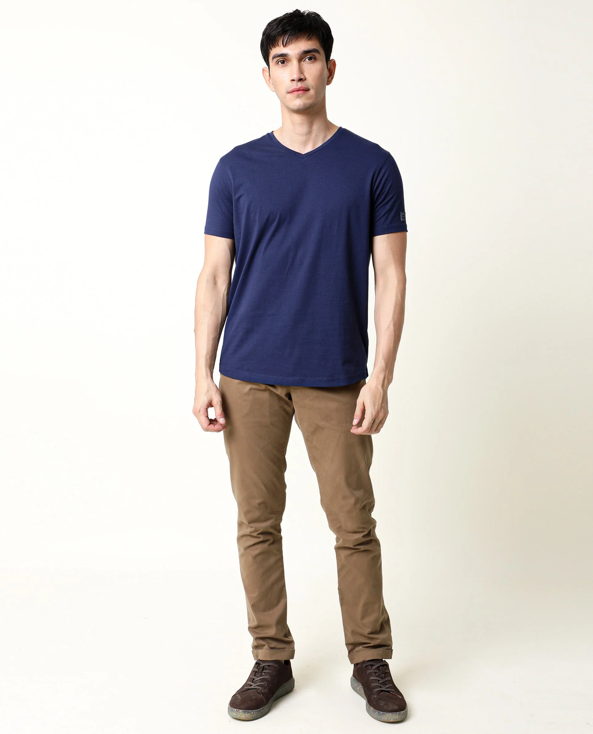 Rare Rabbit Men's Entre-2 Navy Cotton Plain Slim Fit Half Sleeve V-Neck T-Shirt - Image 4
