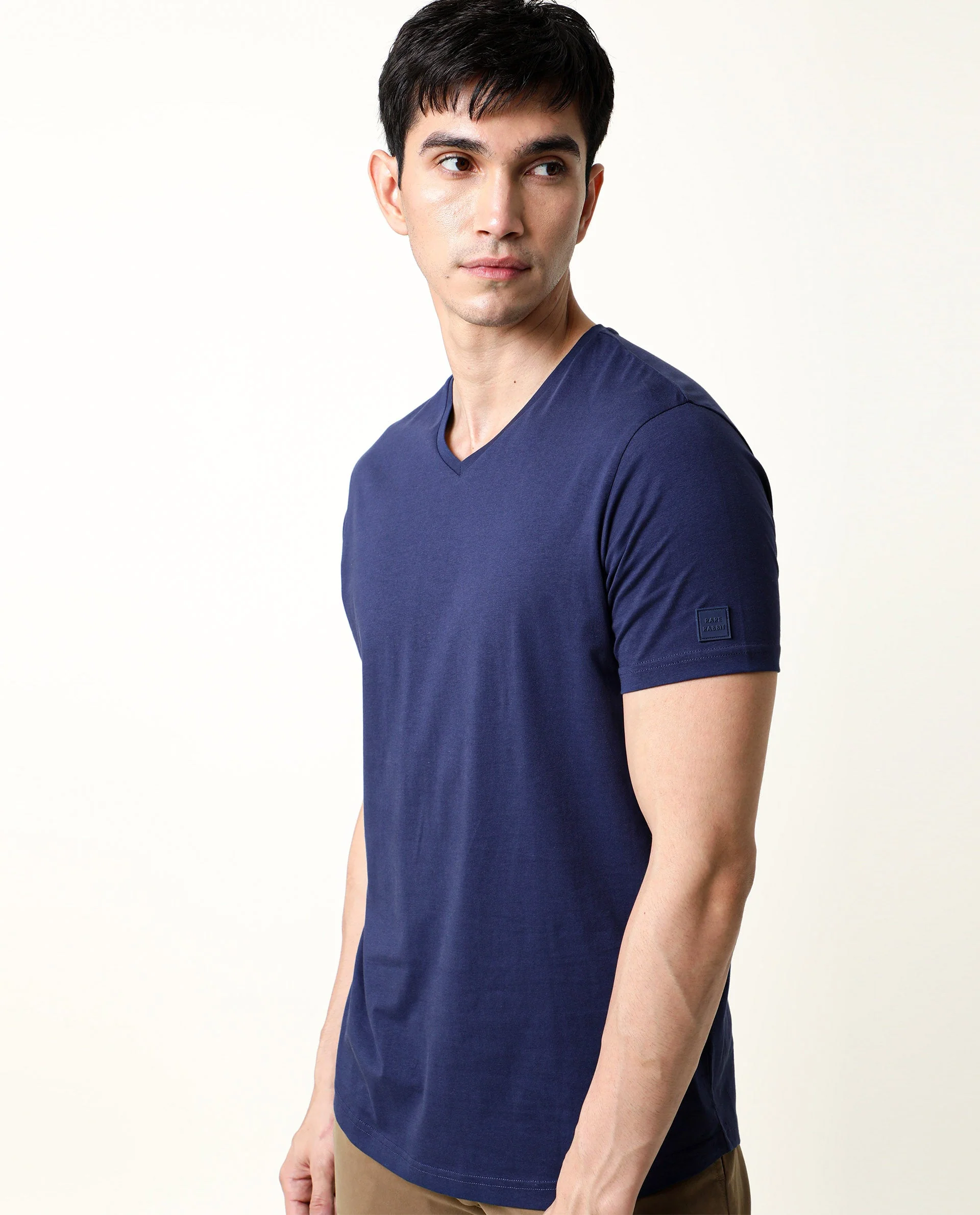 Rare Rabbit Men's Entre-2 Navy Cotton Plain Slim Fit Half Sleeve V-Neck T-Shirt - Image 6