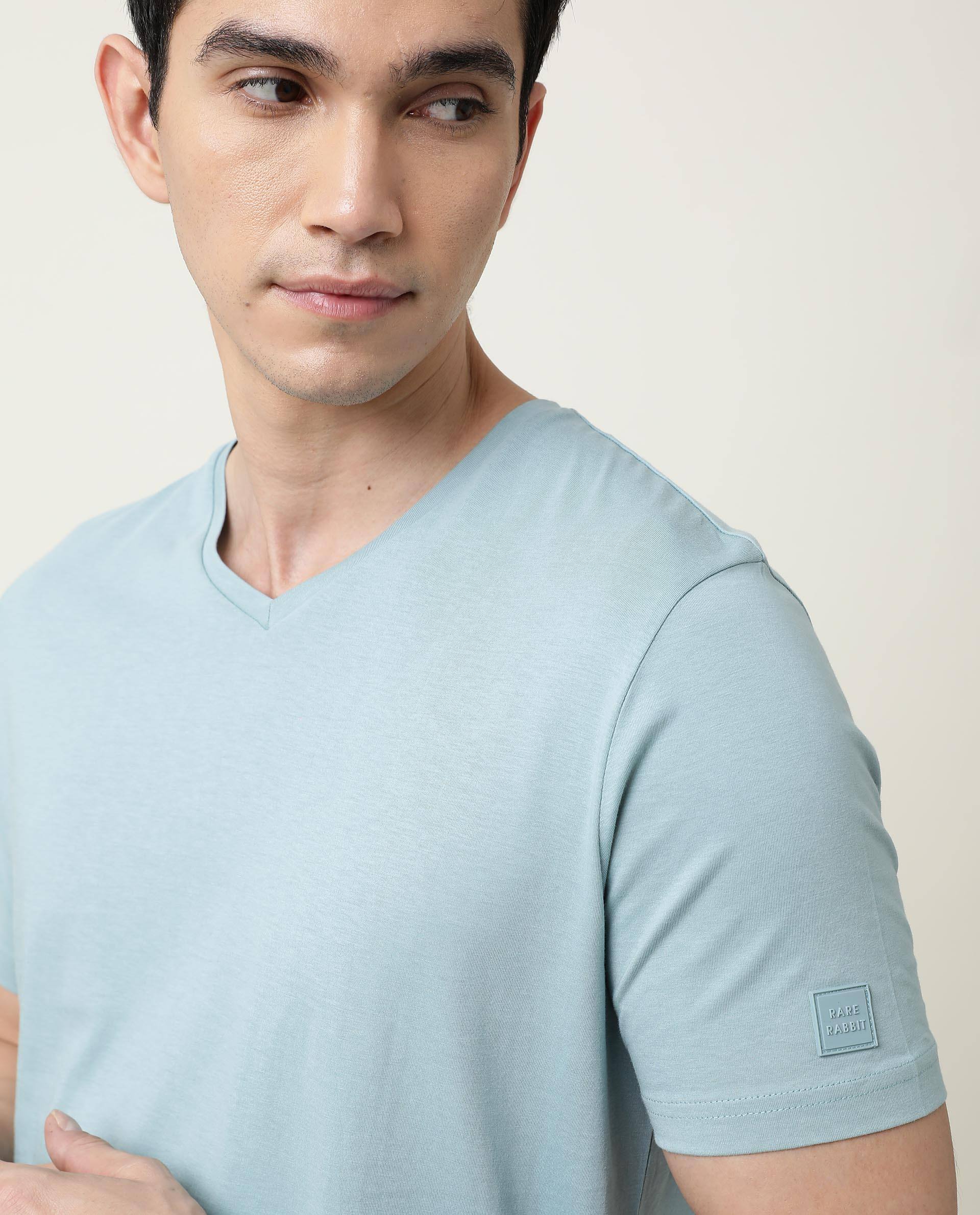 Rare Rabbit Men's Entre Blue Cotton Slim Fit Half Sleeve V-Neck T-Shirt - Image 10