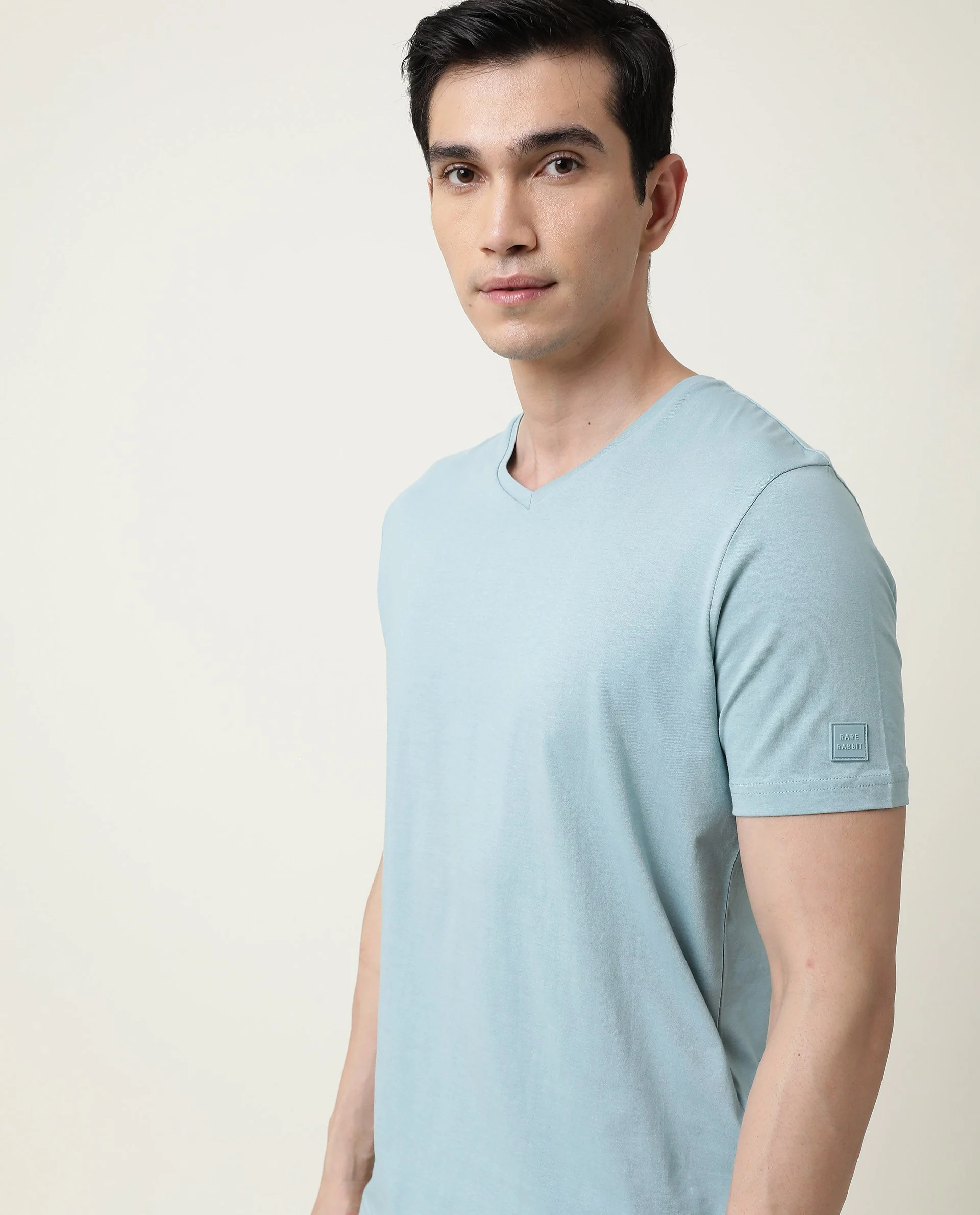 Rare Rabbit Men's Entre Blue Cotton Slim Fit Half Sleeve V-Neck T-Shirt - Image 11