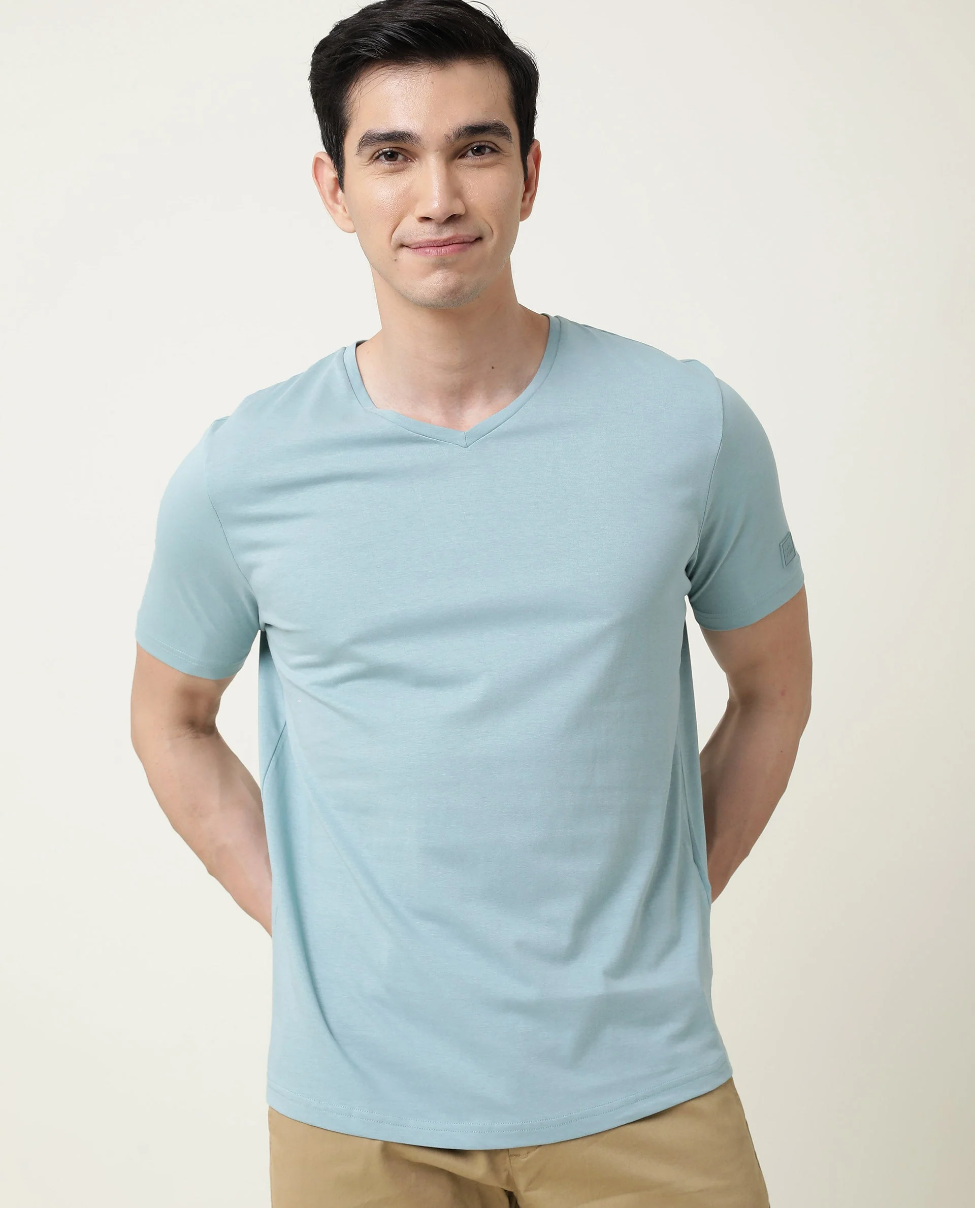 Rare Rabbit Men's Entre Blue Cotton Slim Fit Half Sleeve V-Neck T-Shirt - Image 3