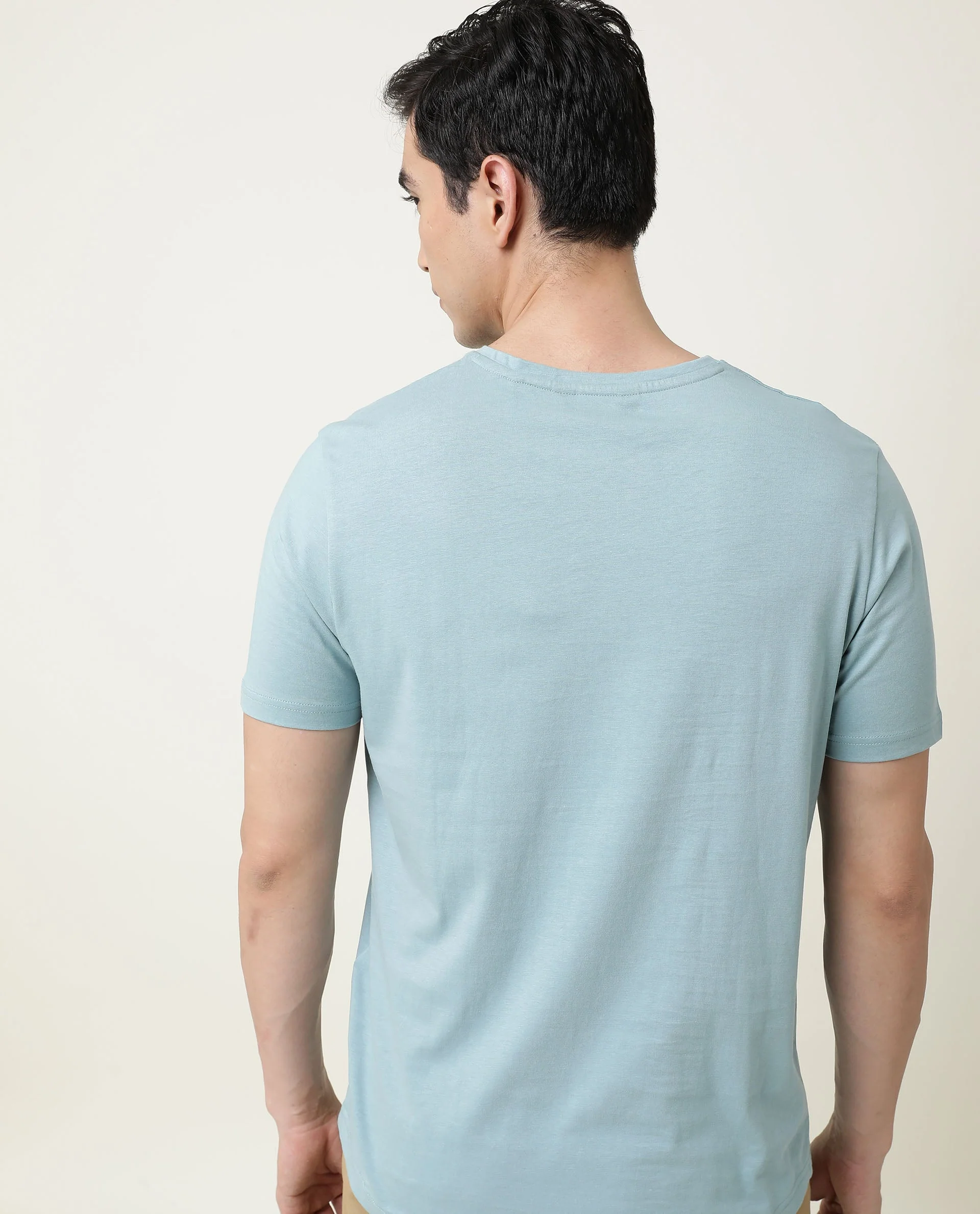 Rare Rabbit Men's Entre Blue Cotton Slim Fit Half Sleeve V-Neck T-Shirt - Image 4