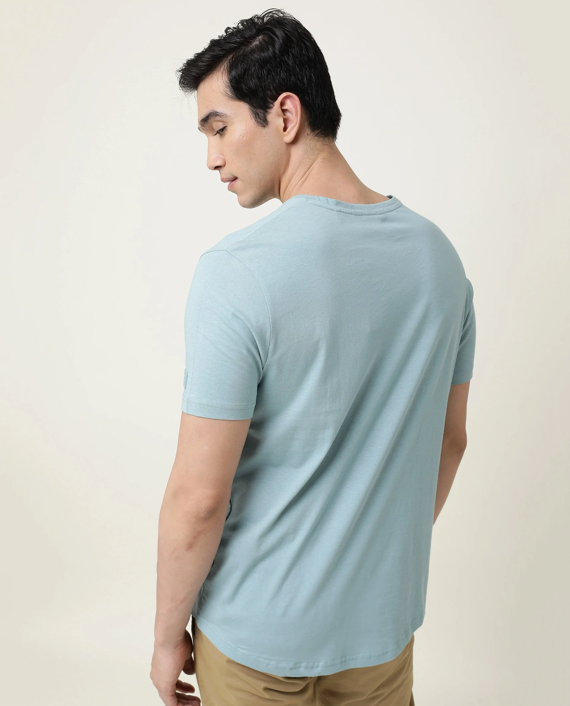 Rare Rabbit Men's Entre Blue Cotton Slim Fit Half Sleeve V-Neck T-Shirt - Image 5