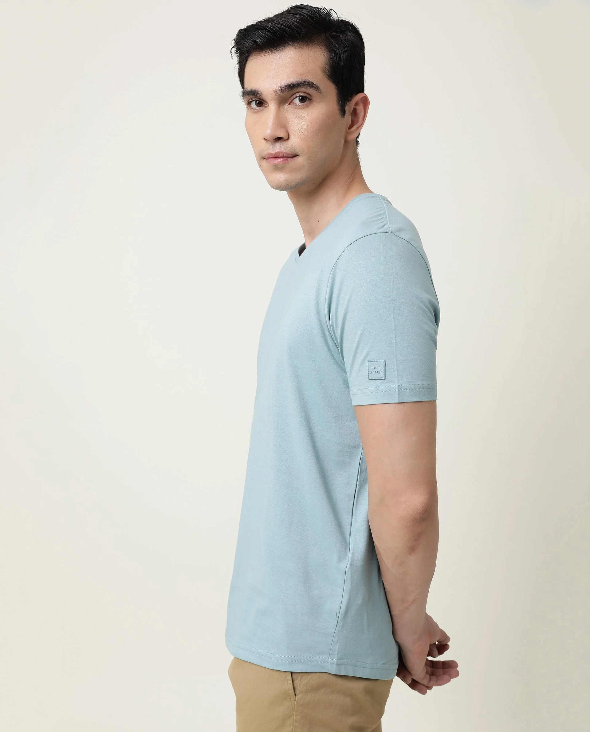 Rare Rabbit Men's Entre Blue Cotton Slim Fit Half Sleeve V-Neck T-Shirt - Image 6