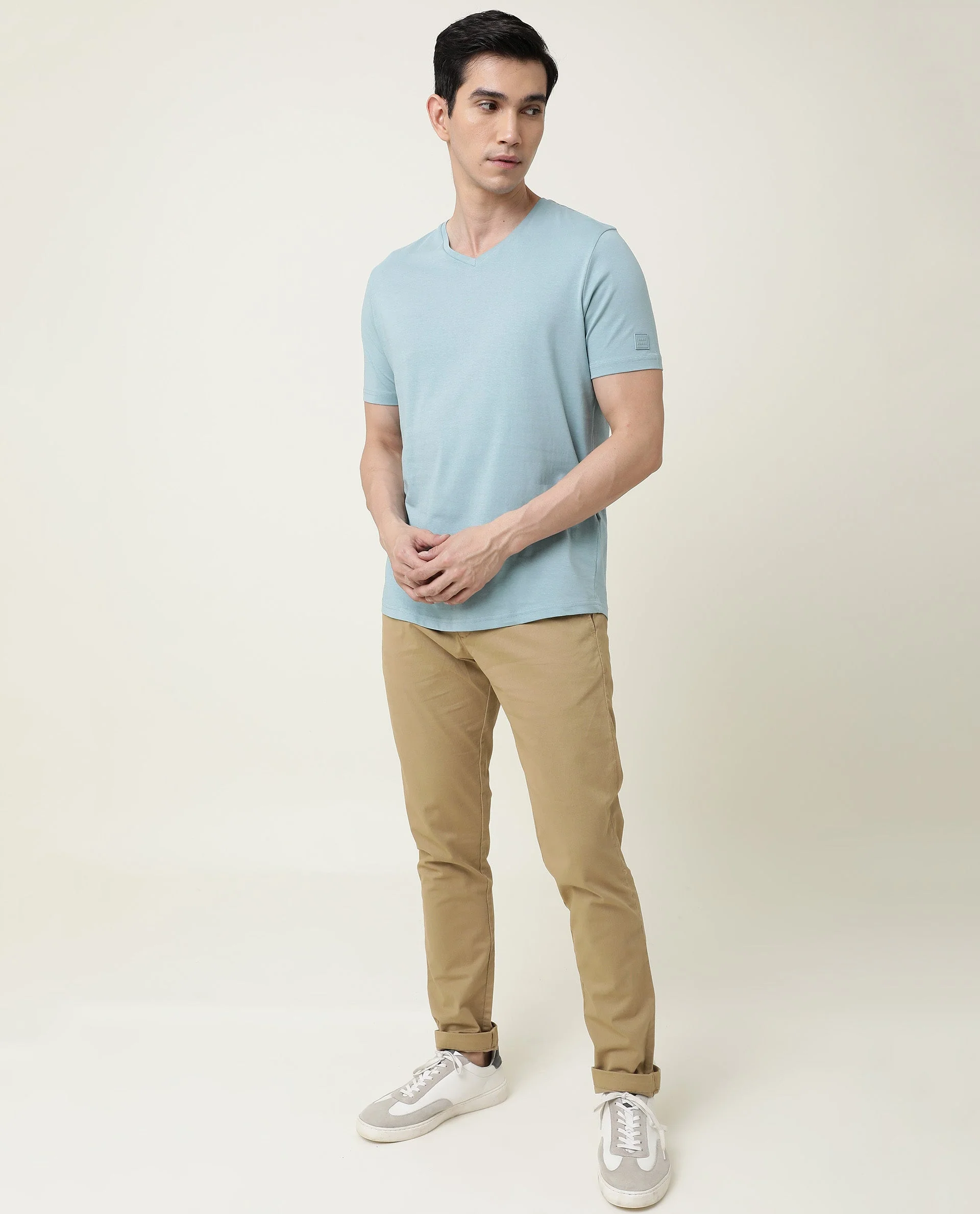 Rare Rabbit Men's Entre Blue Cotton Slim Fit Half Sleeve V-Neck T-Shirt - Image 8