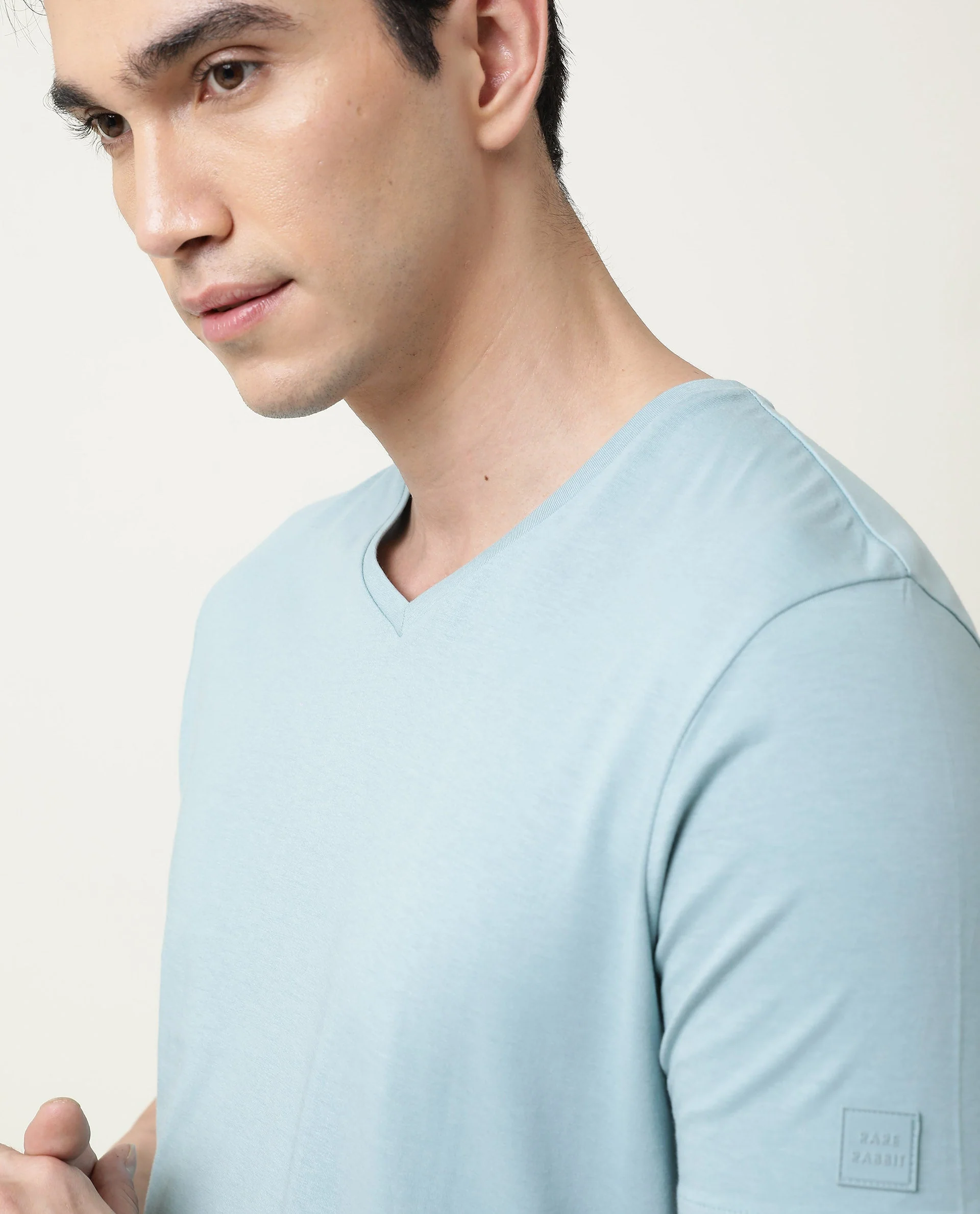 Rare Rabbit Men's Entre Blue Cotton Slim Fit Half Sleeve V-Neck T-Shirt - Image 9