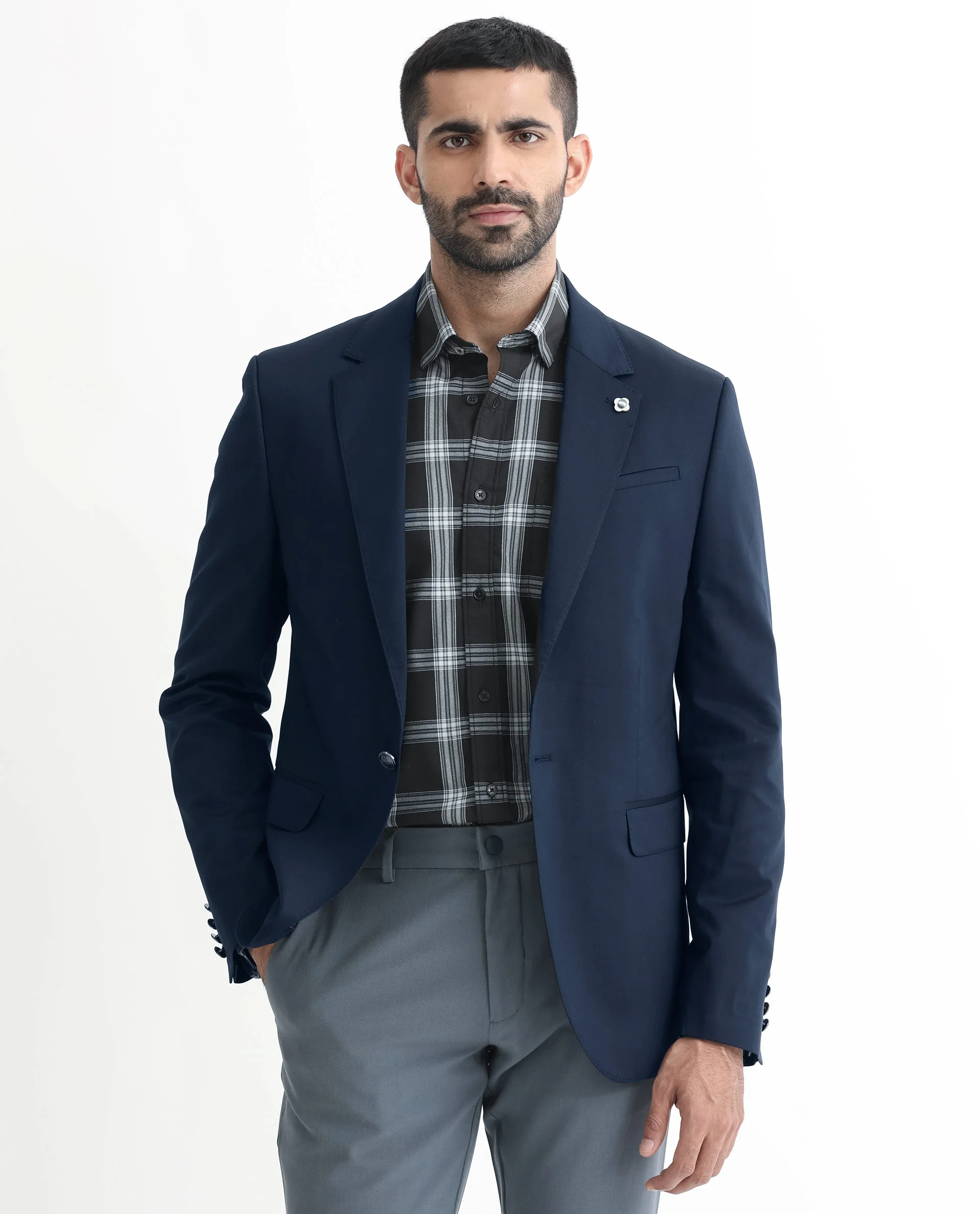 Rare Rabbit Men's Envest Dark Navy Polyester Plain Tailored Fit Full Sleeve Lapel Neck Blazer
