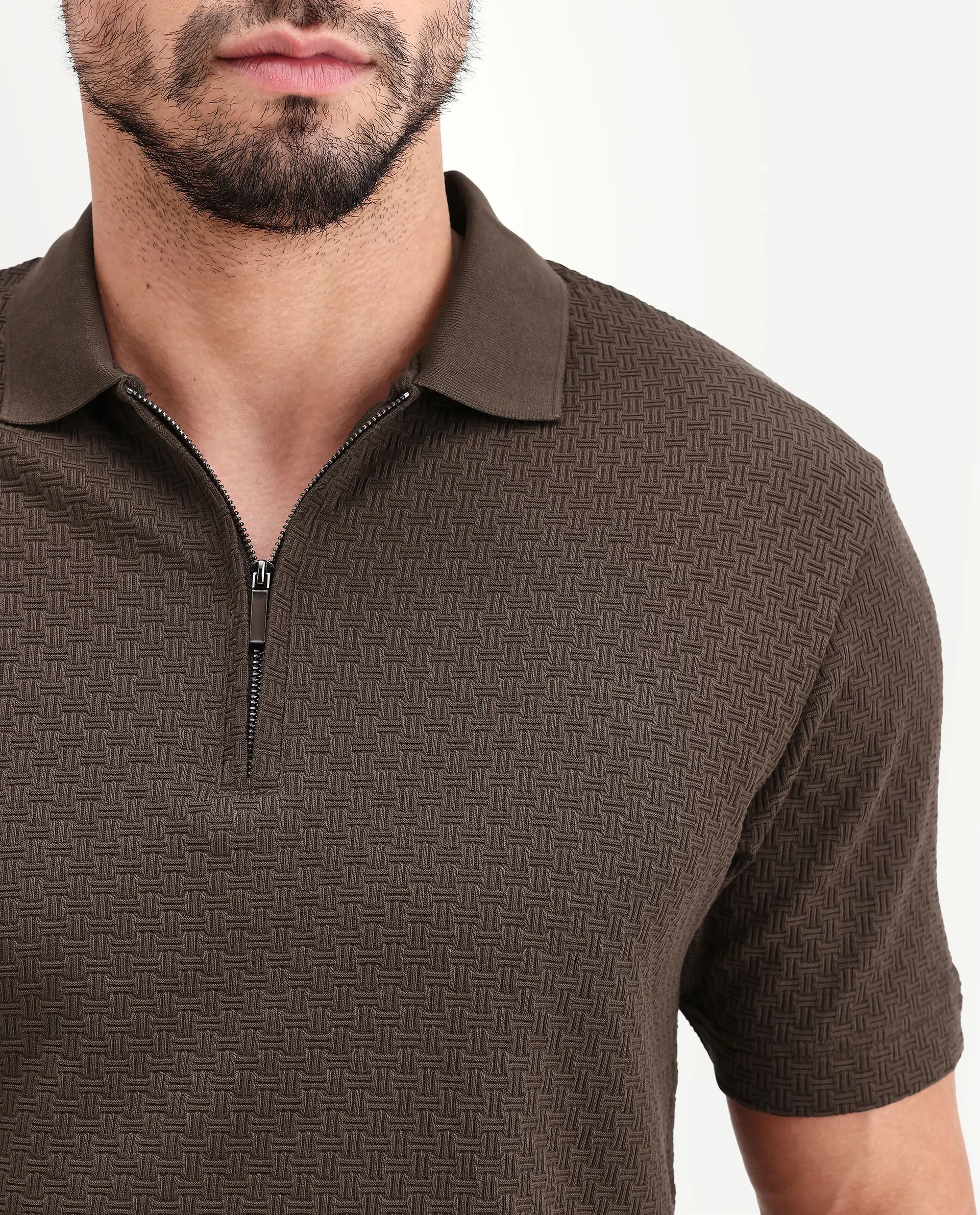 Rare Rabbit Men's Envo Brown Cotton Fabric Half Sleeve Spread Collar Regular Fit Textured Polo - Image 3