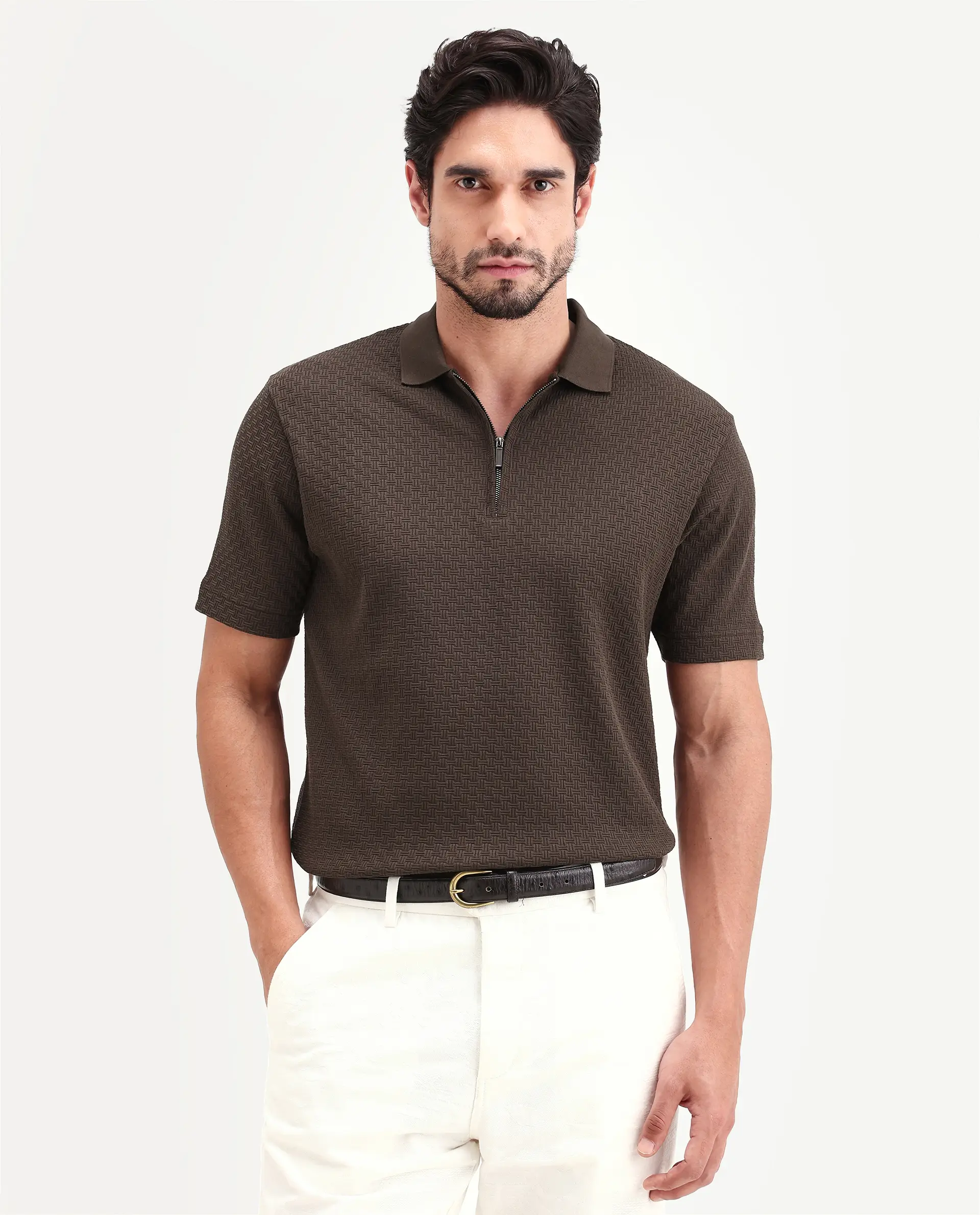 Rare Rabbit Men's Envo Brown Cotton Fabric Half Sleeve Spread Collar Regular Fit Textured Polo - Image 4