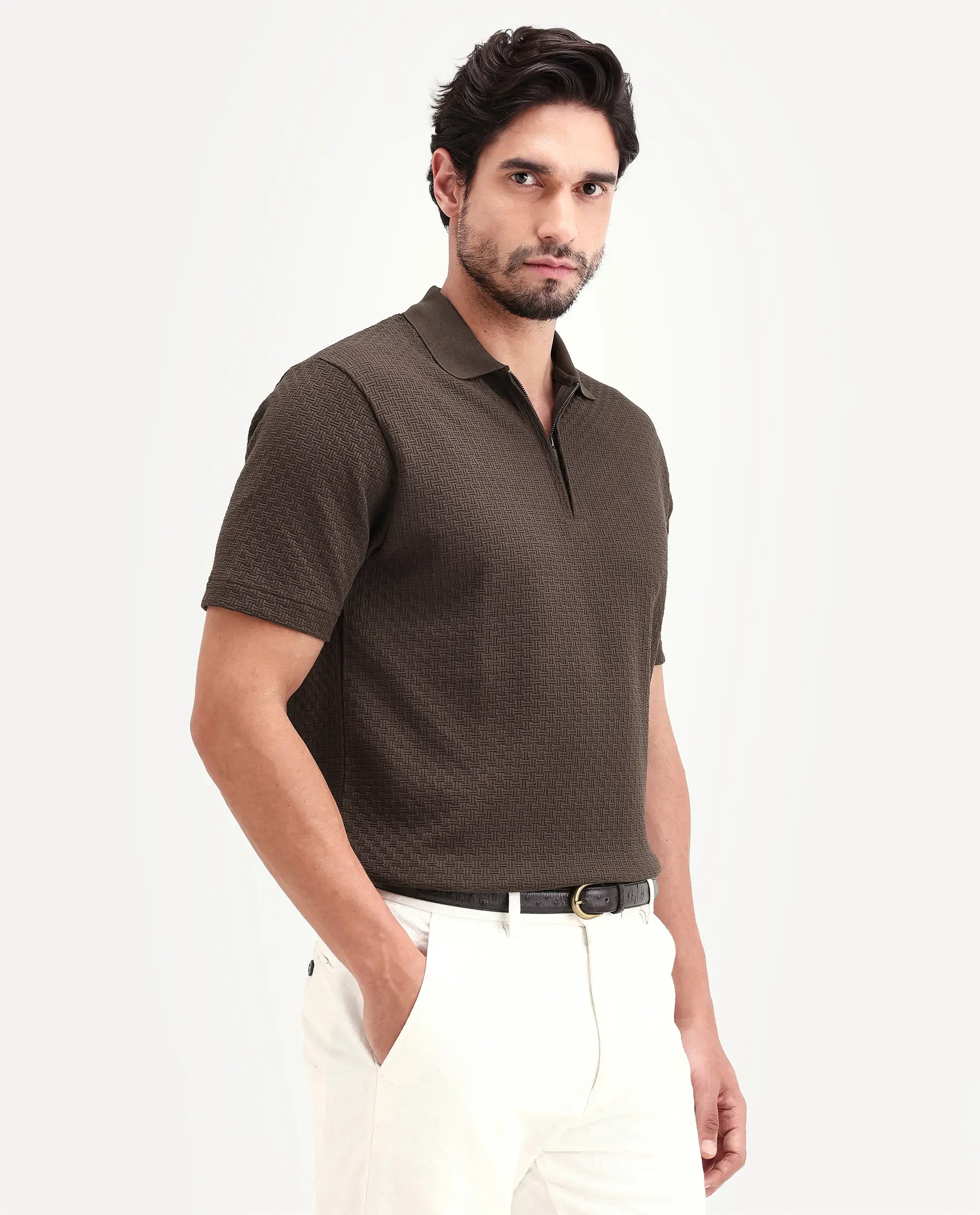 Rare Rabbit Men's Envo Brown Cotton Fabric Half Sleeve Spread Collar Regular Fit Textured Polo - Image 5