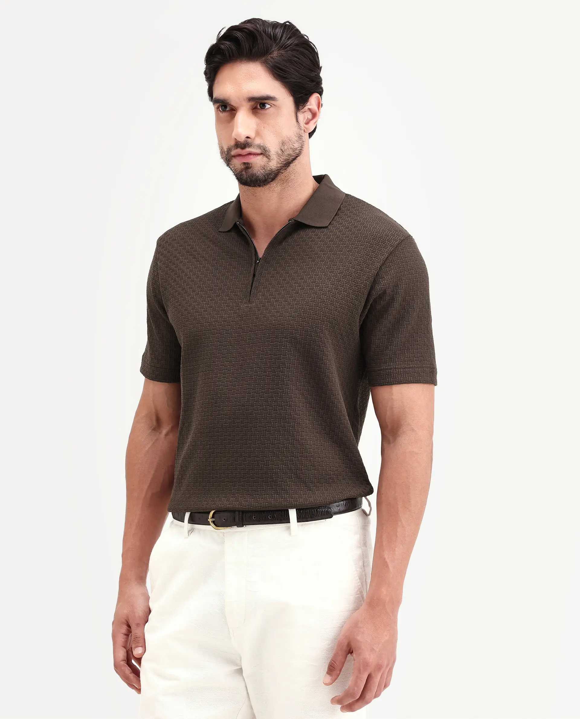 Rare Rabbit Men's Envo Brown Cotton Fabric Half Sleeve Spread Collar Regular Fit Textured Polo - Image 6