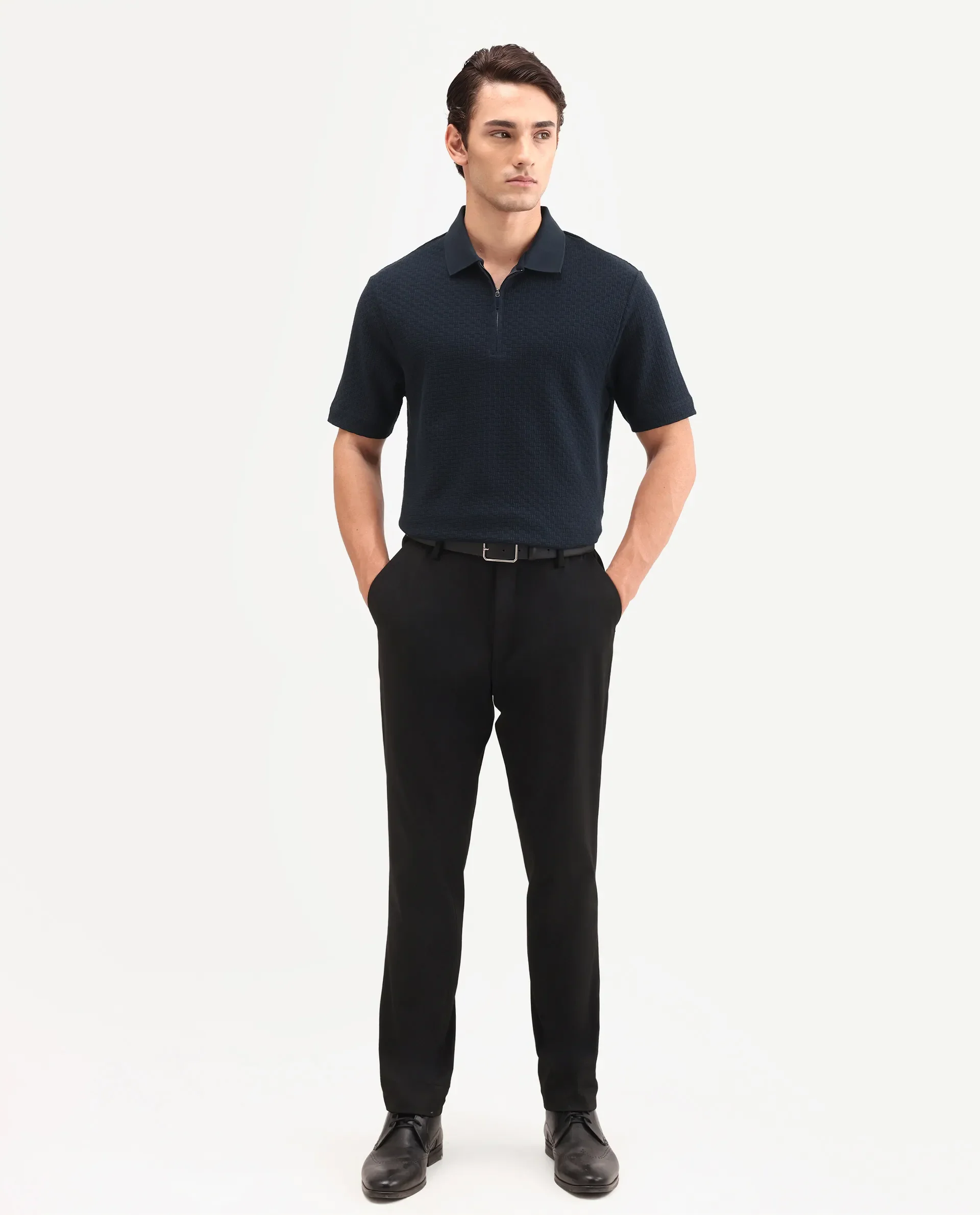 Rare Rabbit Men's Envo Dark Navy Cotton Fabric Half Sleeve Spread Collar Regular Fit Textured Polo - Image 2