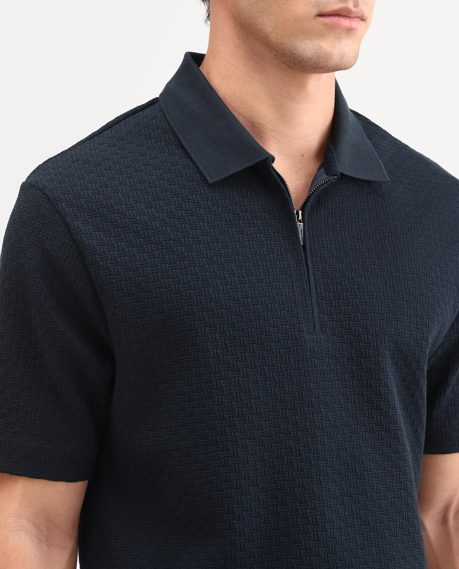 Rare Rabbit Men's Envo Dark Navy Cotton Fabric Half Sleeve Spread Collar Regular Fit Textured Polo - Image 4
