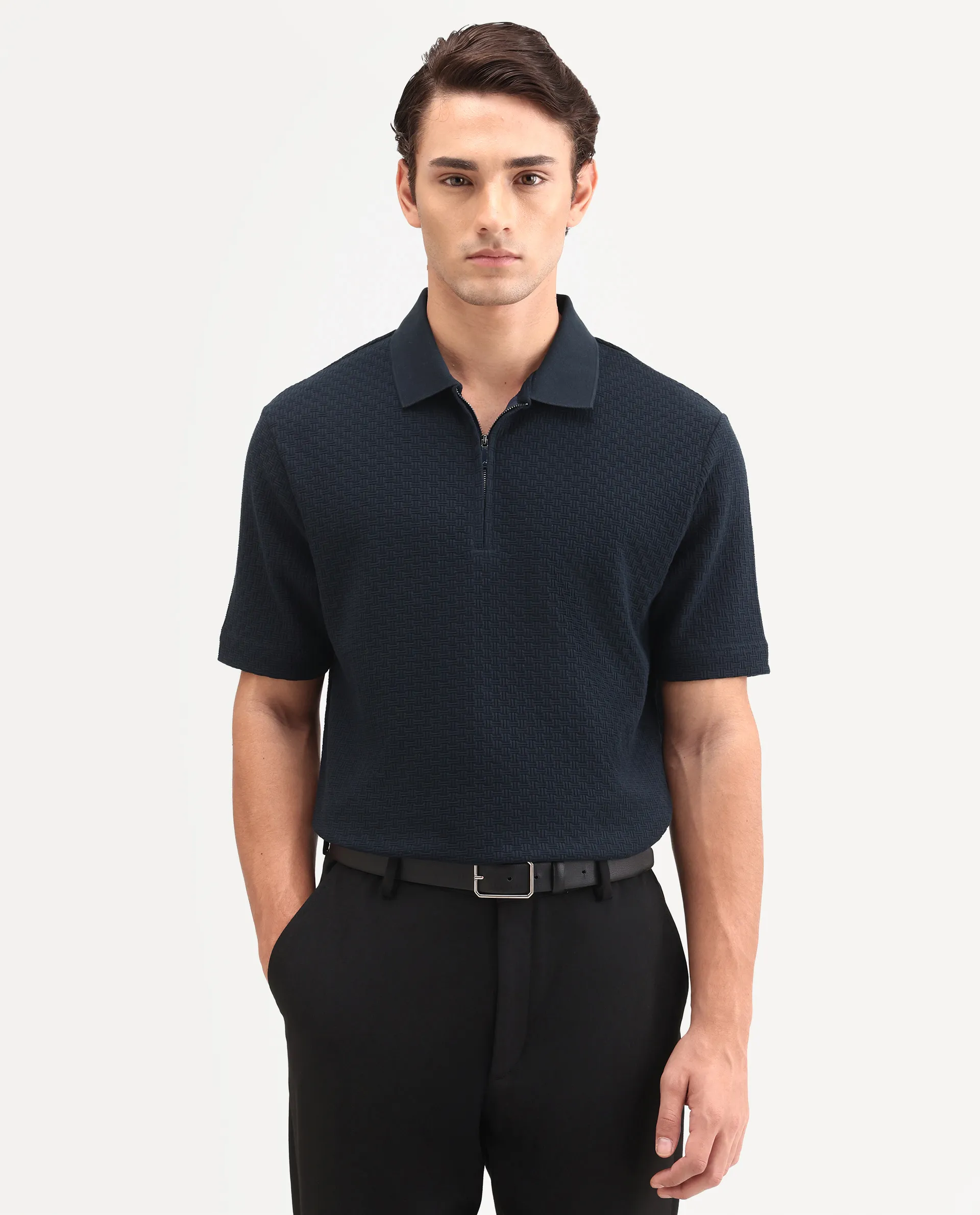 Rare Rabbit Men's Envo Dark Navy Cotton Fabric Half Sleeve Spread Collar Regular Fit Textured Polo - Image 5