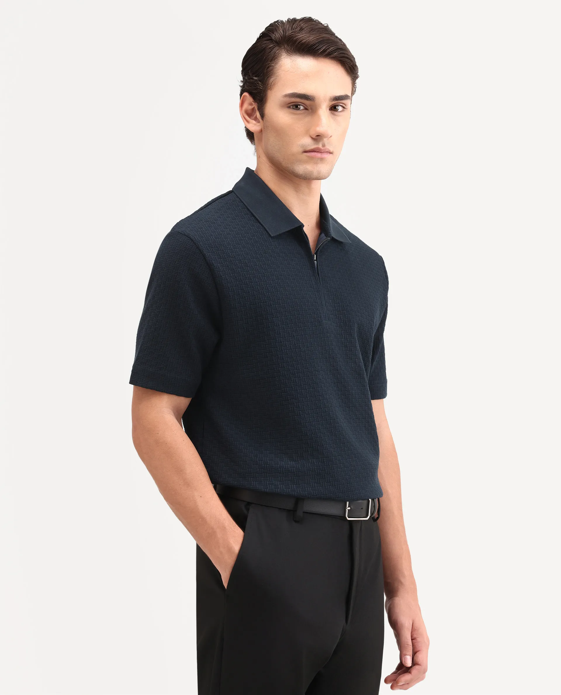Rare Rabbit Men's Envo Dark Navy Cotton Fabric Half Sleeve Spread Collar Regular Fit Textured Polo - Image 6