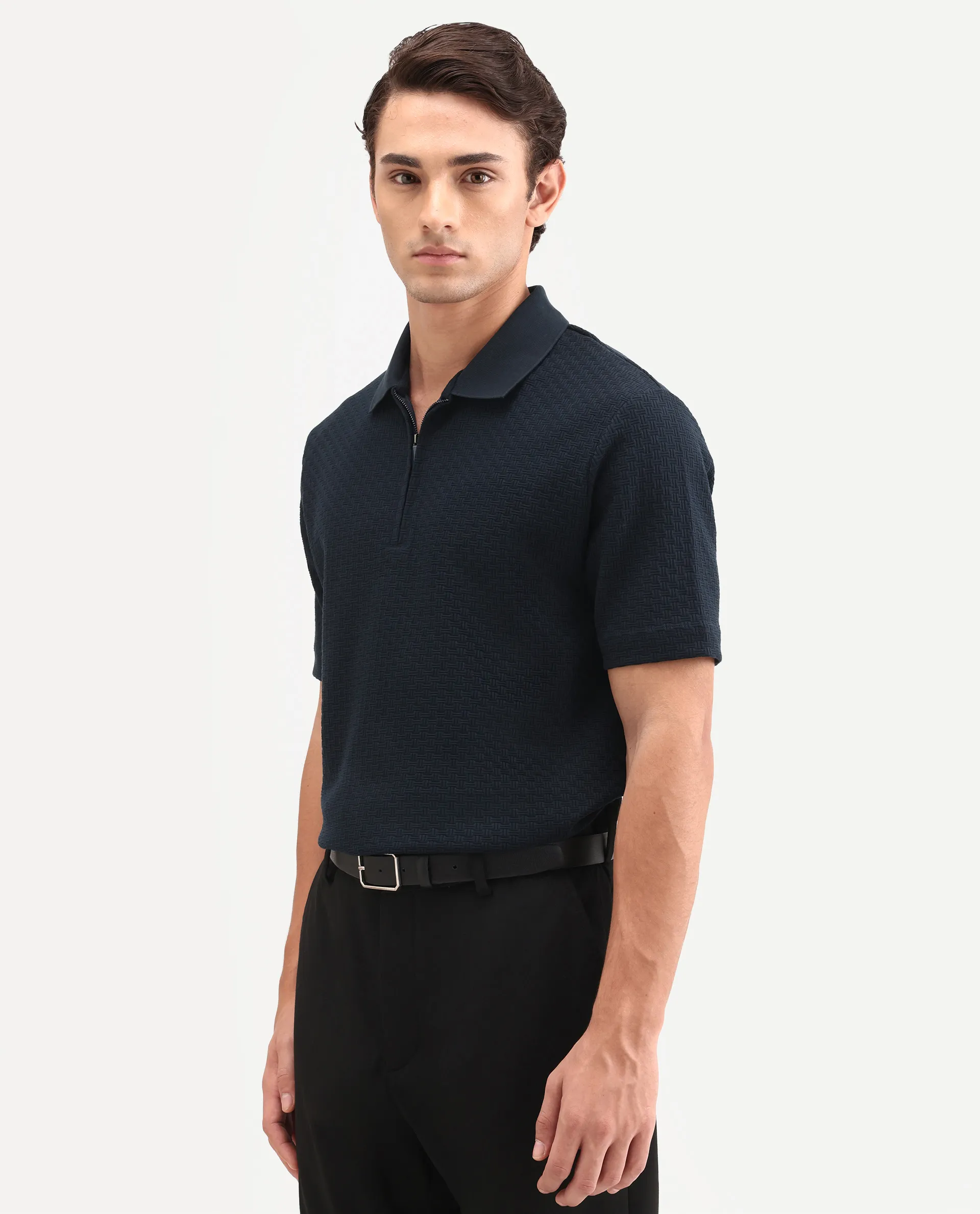 Rare Rabbit Men's Envo Dark Navy Cotton Fabric Half Sleeve Spread Collar Regular Fit Textured Polo - Image 7