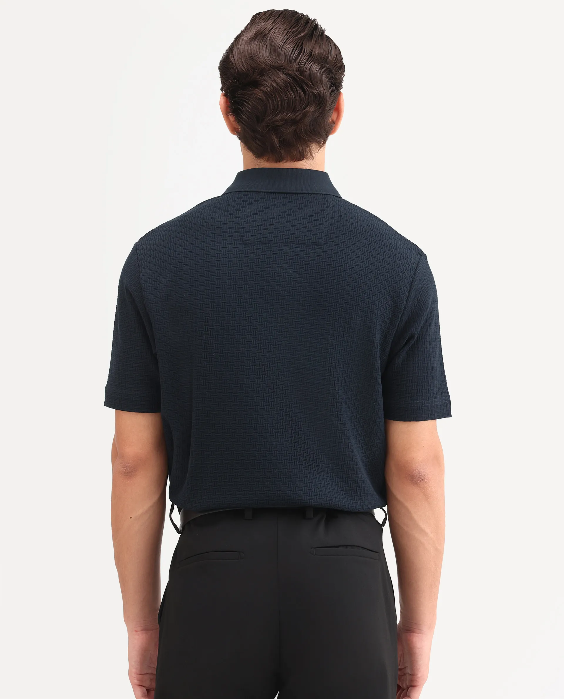 Rare Rabbit Men's Envo Dark Navy Cotton Fabric Half Sleeve Spread Collar Regular Fit Textured Polo - Image 8