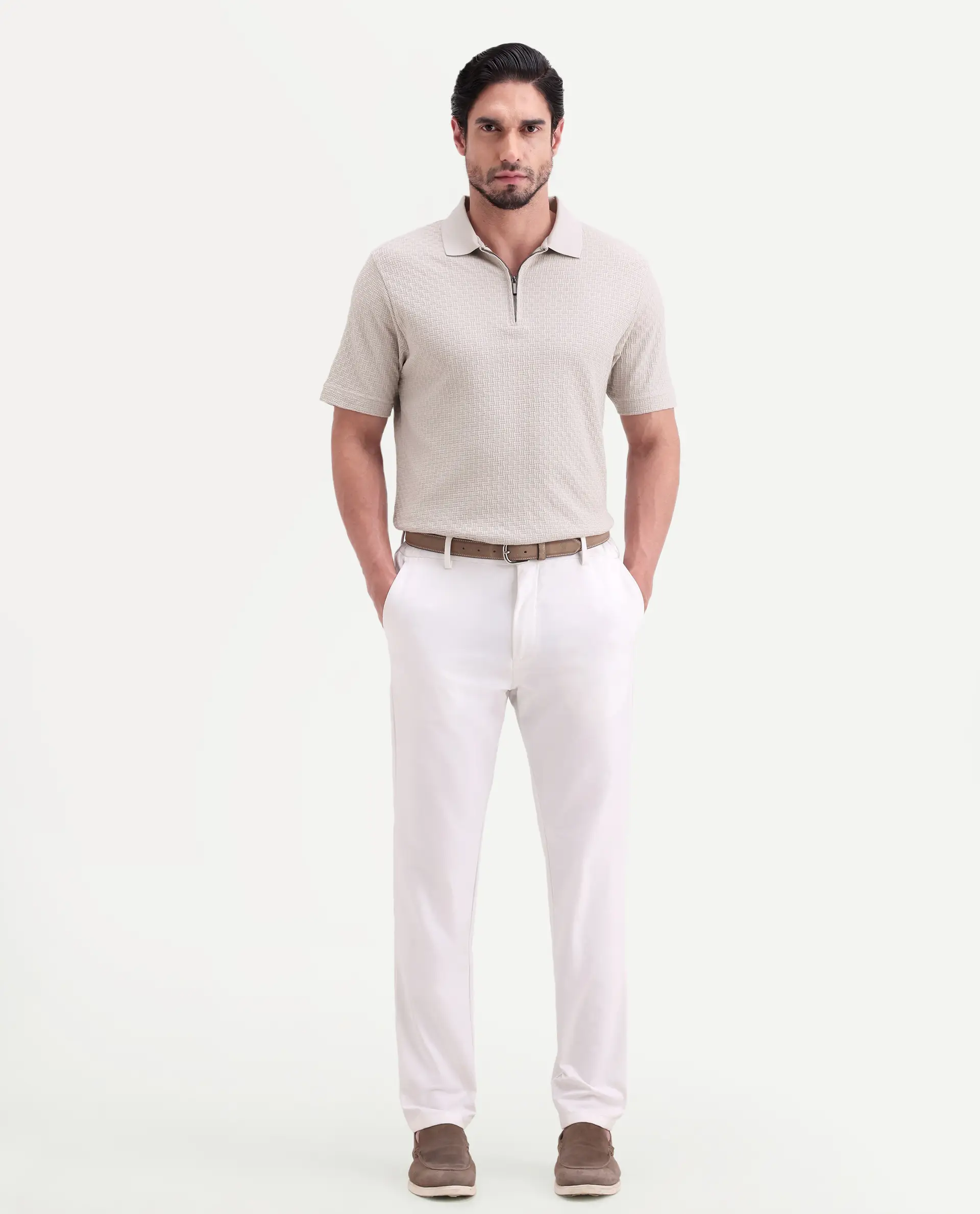 Rare Rabbit Men's Envo Dusky Beige Cotton Fabric Half Sleeve Spread Collar Regular Fit Textured Polo - Image 2
