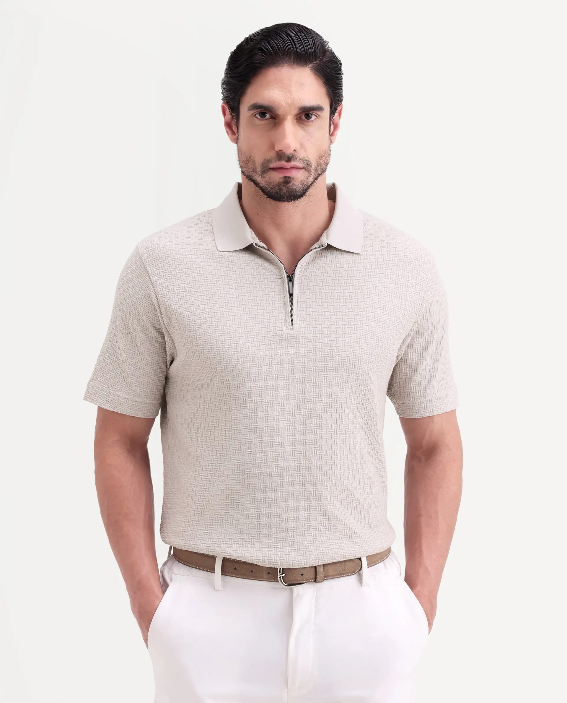 Rare Rabbit Men's Envo Dusky Beige Cotton Fabric Half Sleeve Spread Collar Regular Fit Textured Polo - Image 3
