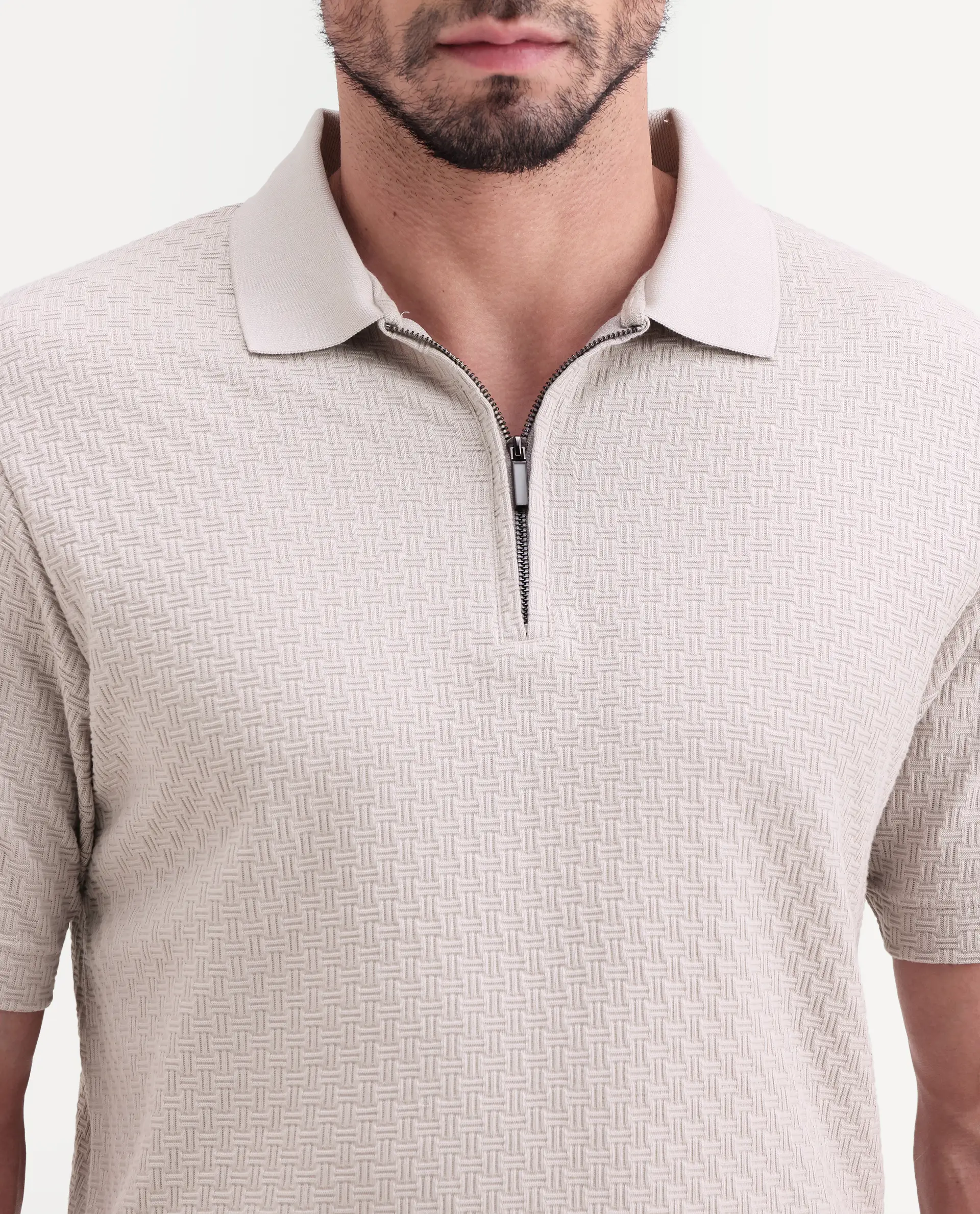 Rare Rabbit Men's Envo Dusky Beige Cotton Fabric Half Sleeve Spread Collar Regular Fit Textured Polo - Image 4