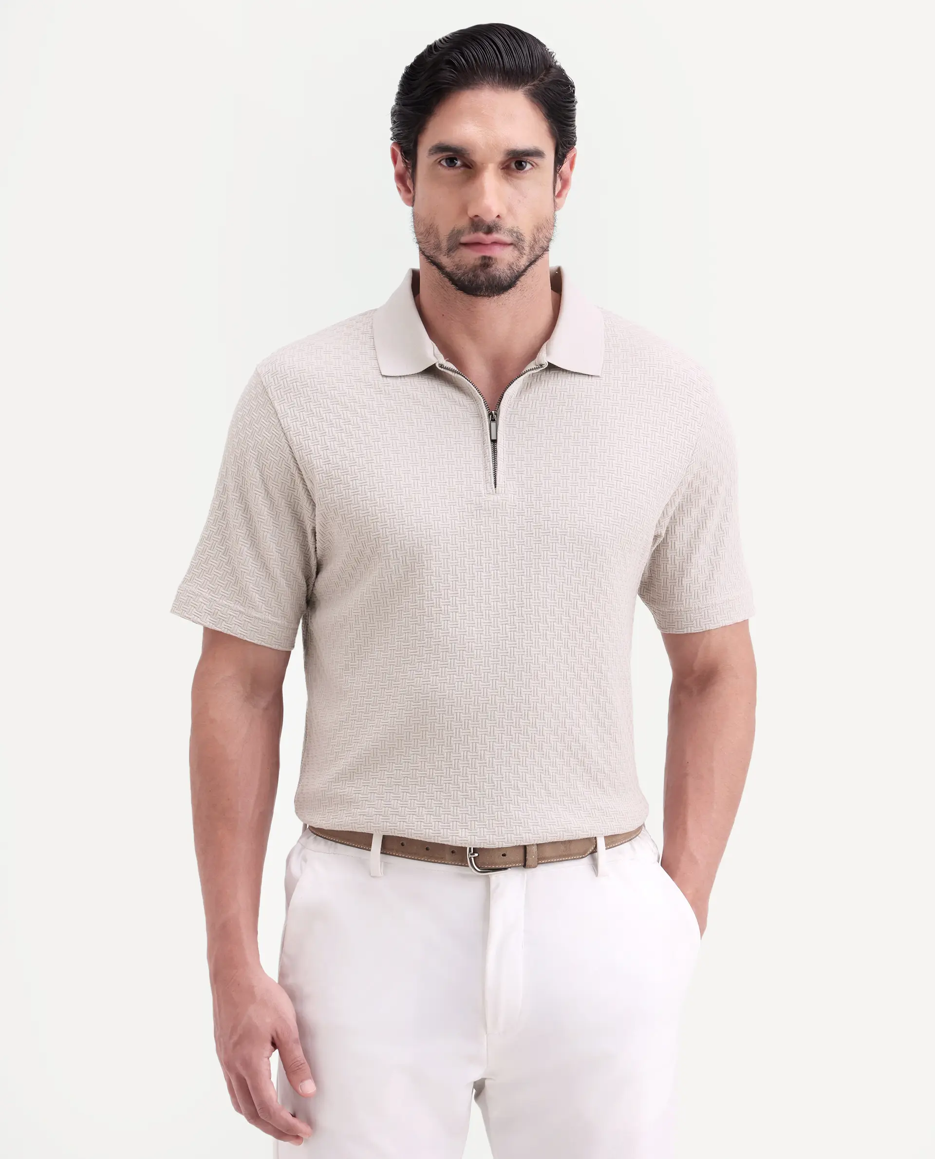 Rare Rabbit Men's Envo Dusky Beige Cotton Fabric Half Sleeve Spread Collar Regular Fit Textured Polo - Image 5