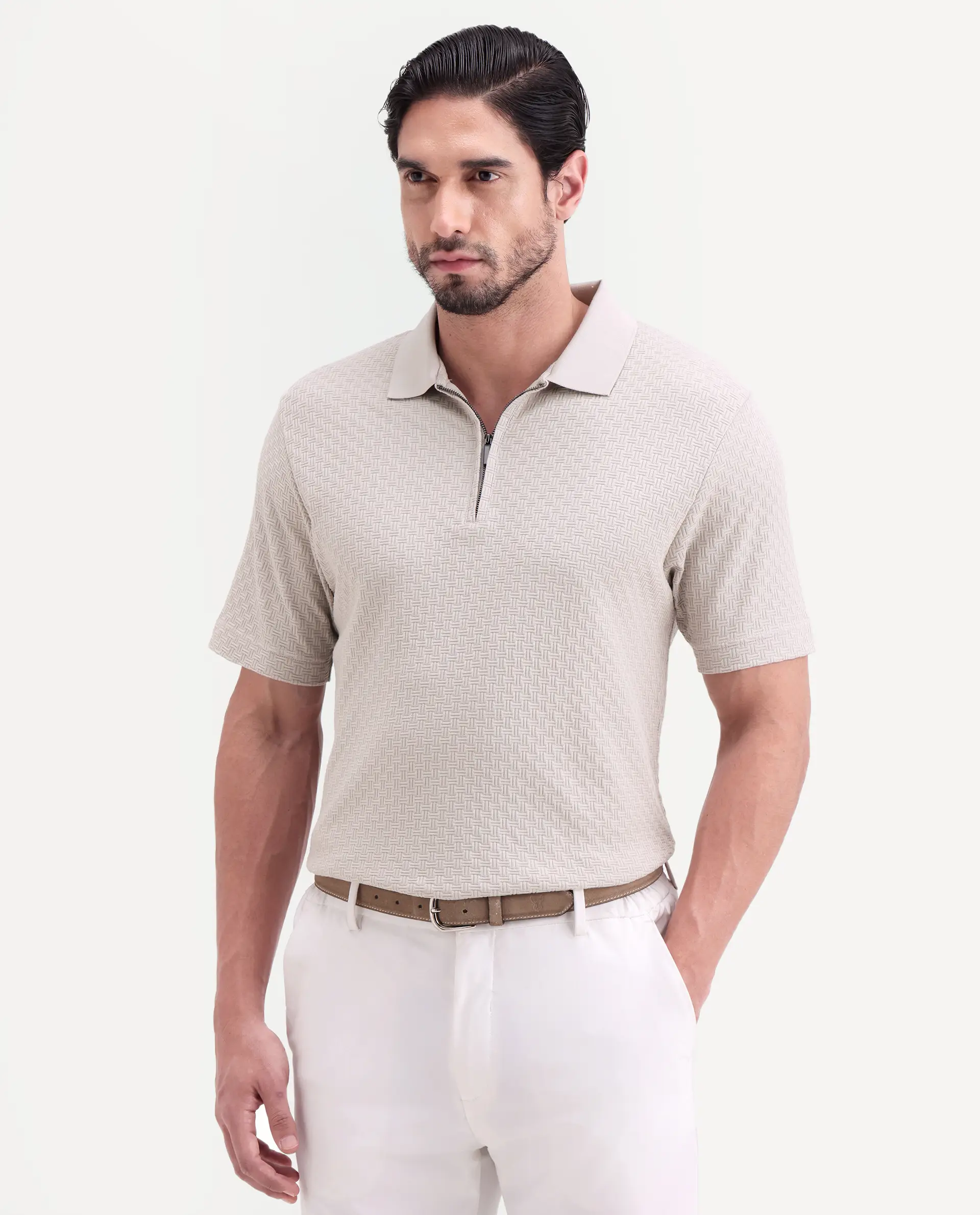 Rare Rabbit Men's Envo Dusky Beige Cotton Fabric Half Sleeve Spread Collar Regular Fit Textured Polo - Image 6