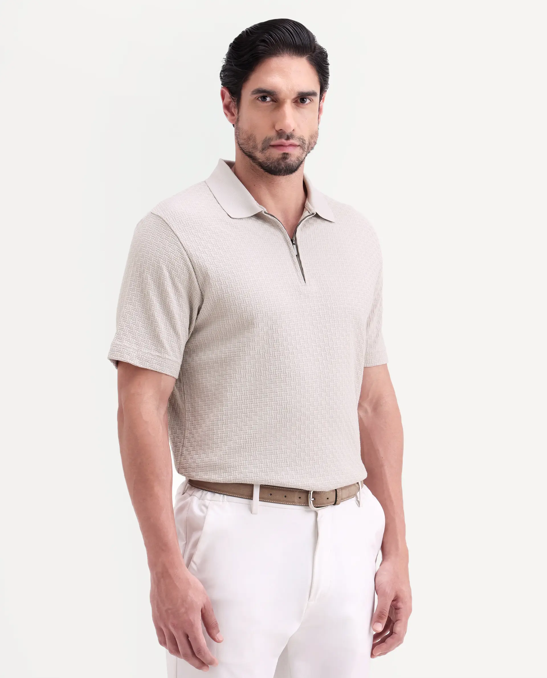 Rare Rabbit Men's Envo Dusky Beige Cotton Fabric Half Sleeve Spread Collar Regular Fit Textured Polo - Image 7