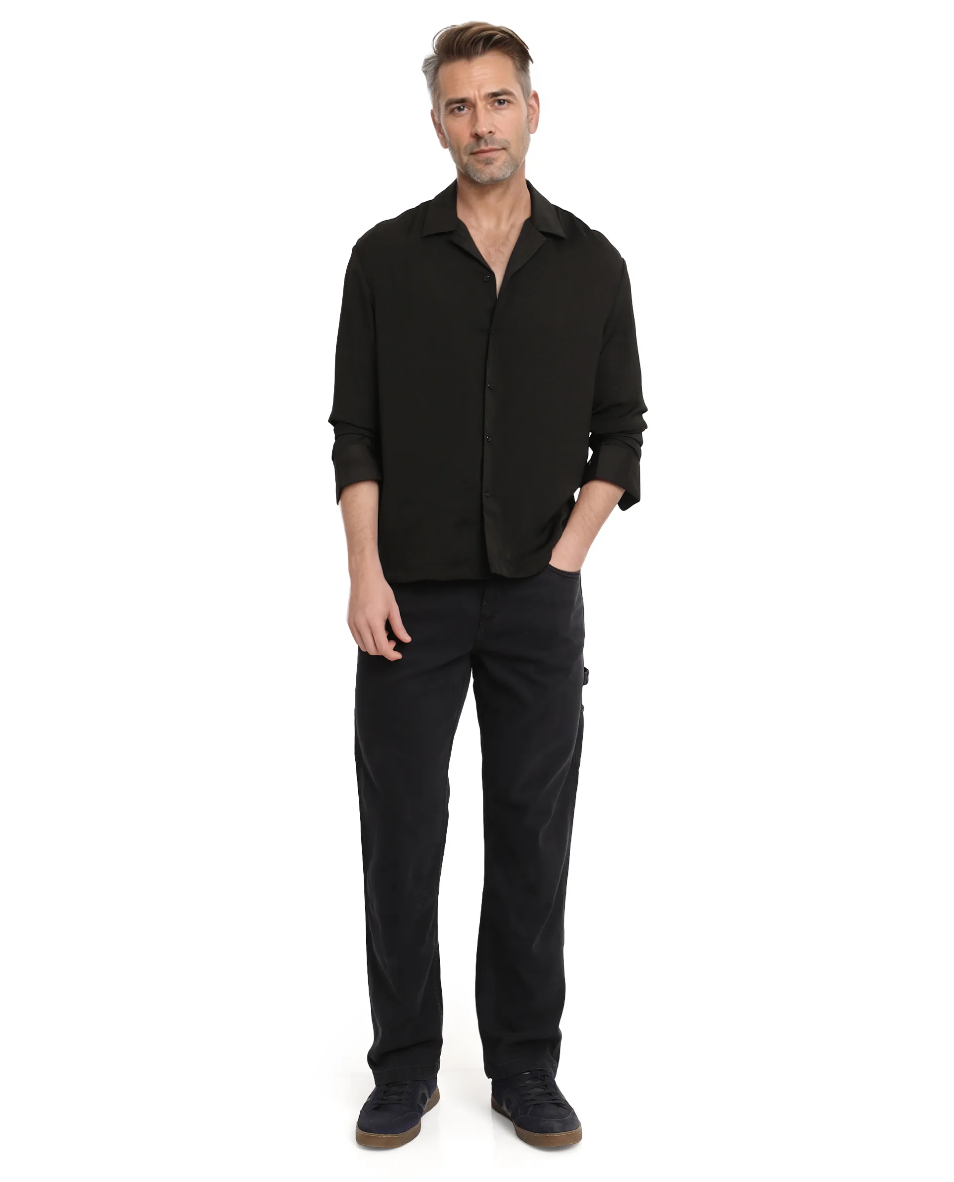 Rare Rabbit Articale Men's Enzo Black Polyester Fabric Full Sleeve Cuban Collar Slim Fit Solid Shirt - Image 2
