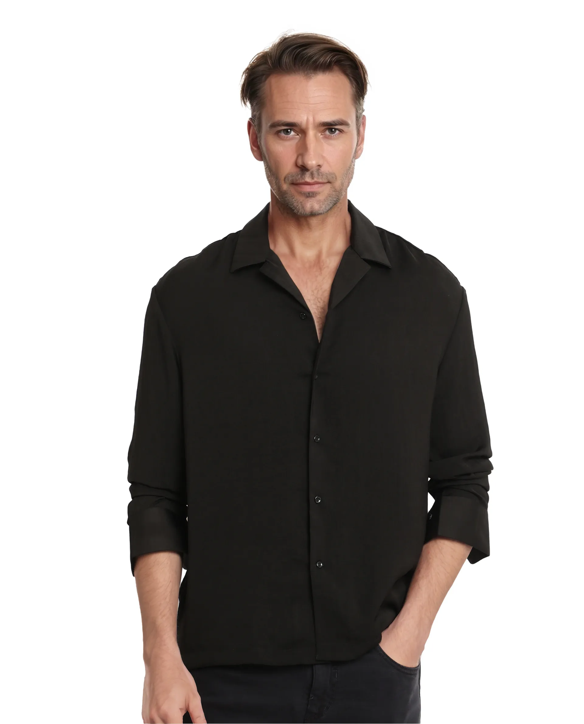 Rare Rabbit Articale Men's Enzo Black Polyester Fabric Full Sleeve Cuban Collar Slim Fit Solid Shirt - Image 3