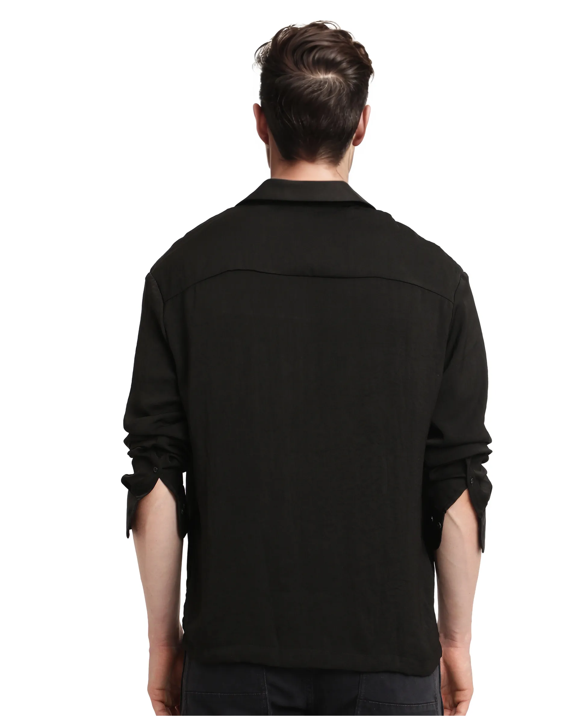 Rare Rabbit Articale Men's Enzo Black Polyester Fabric Full Sleeve Cuban Collar Slim Fit Solid Shirt - Image 4
