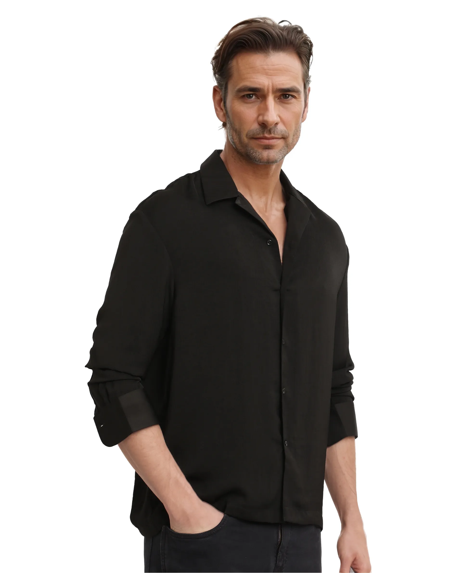 Rare Rabbit Articale Men's Enzo Black Polyester Fabric Full Sleeve Cuban Collar Slim Fit Solid Shirt - Image 5